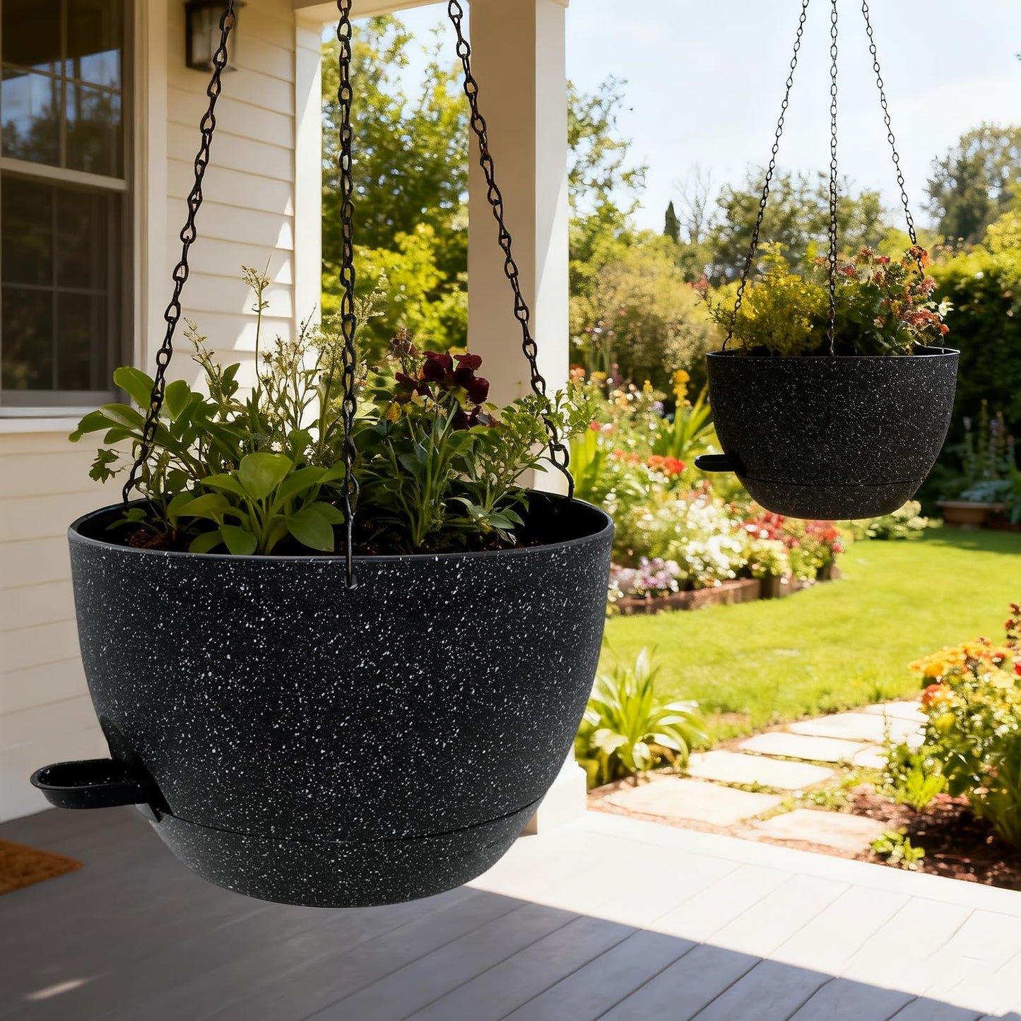 WOUSIWER Self Watering Hanging Planters, 2 Pack 12'' Plastic Pots with Drainage Holes & Reservoir Tray (Speckled Black) | Indoor & Outdoor Use for Ferns, Ivy, Herbs, Succulents