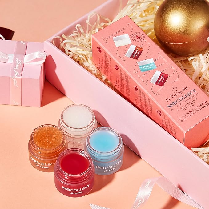 Lip Scrub and Lip Mask Set- Lip Treatment Care Kit with 2 Lip Exfoliator Scrub & 2 Lip Butter Mask, Intense Hydration Set for Dry Chapped Cracked Lips (4 Pack)