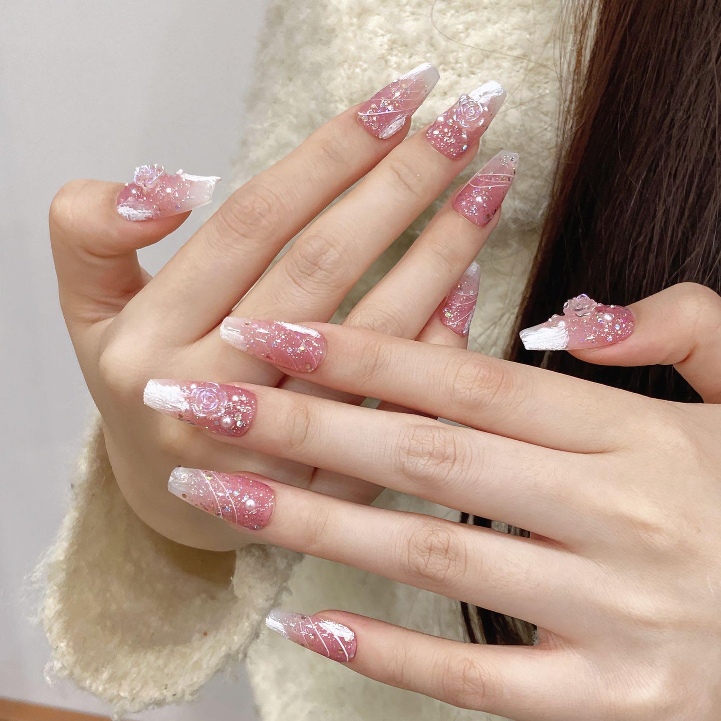 NLSJMP, 10 Nails, Size M, Handmade Long Balerina Press on Nails,Ombre Acrylic Fake Nails Kit,3D Glitter Pearl Design Nail Art Kit,Reusable False nails, Include Toolkit, Camellia