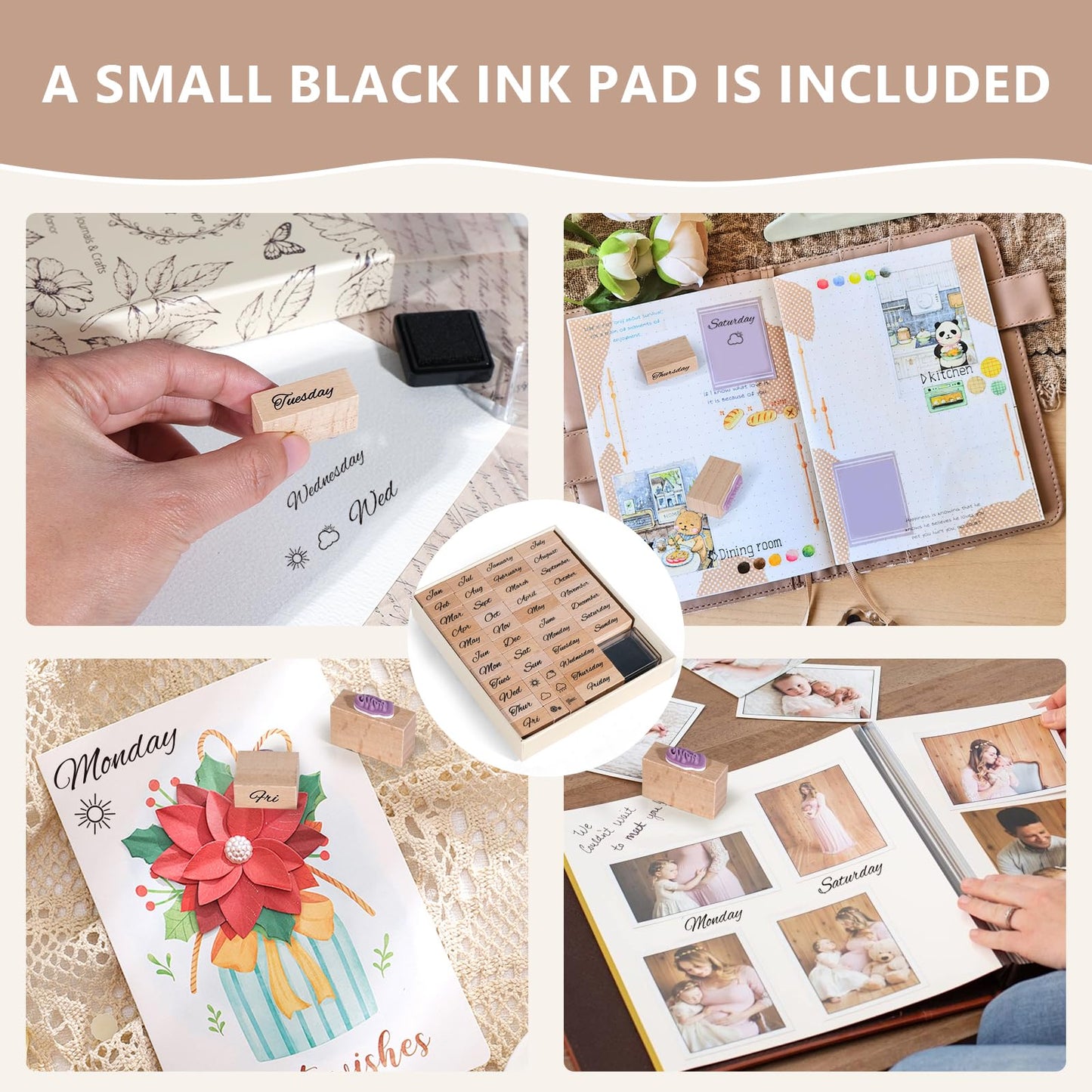 CraftyManor 44PCS Mini Wooden Stamp Set, Vintage Month Week Weather Rubber Stamps with Black Ink Pad for Crafting, Scrapbooking, Journaling, CardMaking