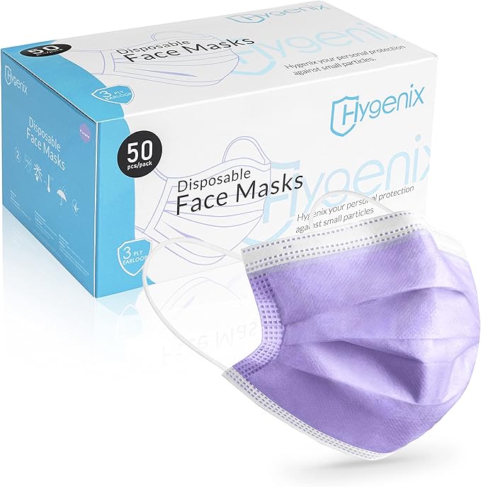 Hygenix Purple 3ply Disposable Face Masks PFE 99% Filter Quality Tested by a US lab (Pack of 50 Pcs)