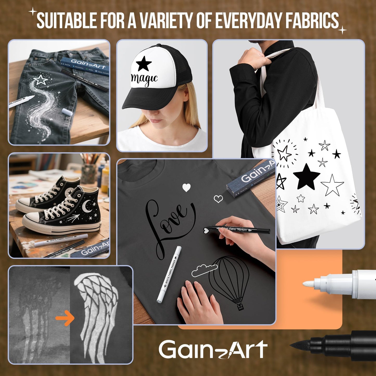 Gain-Art Fabric Marker for Clothes 6PCS, Wash-Resistant, No Bleed, Quick Dry Professional Dual Tip Pen, Permanent Paint for Clothing, Canvas Cover Stains, DIY Art Crafting White &Black