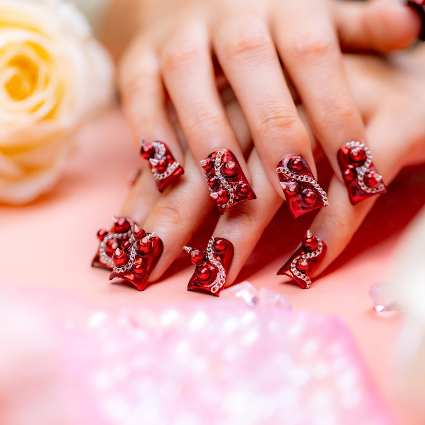 IntoVibes 10 Pieces Luxury Acrylic Press On Nails Short Handmade Duck Nails, Red Thickened False Nails, Punk-style Silver Rivets And Chains, Reusable Fake Nails, Acrylic Nails (L)
