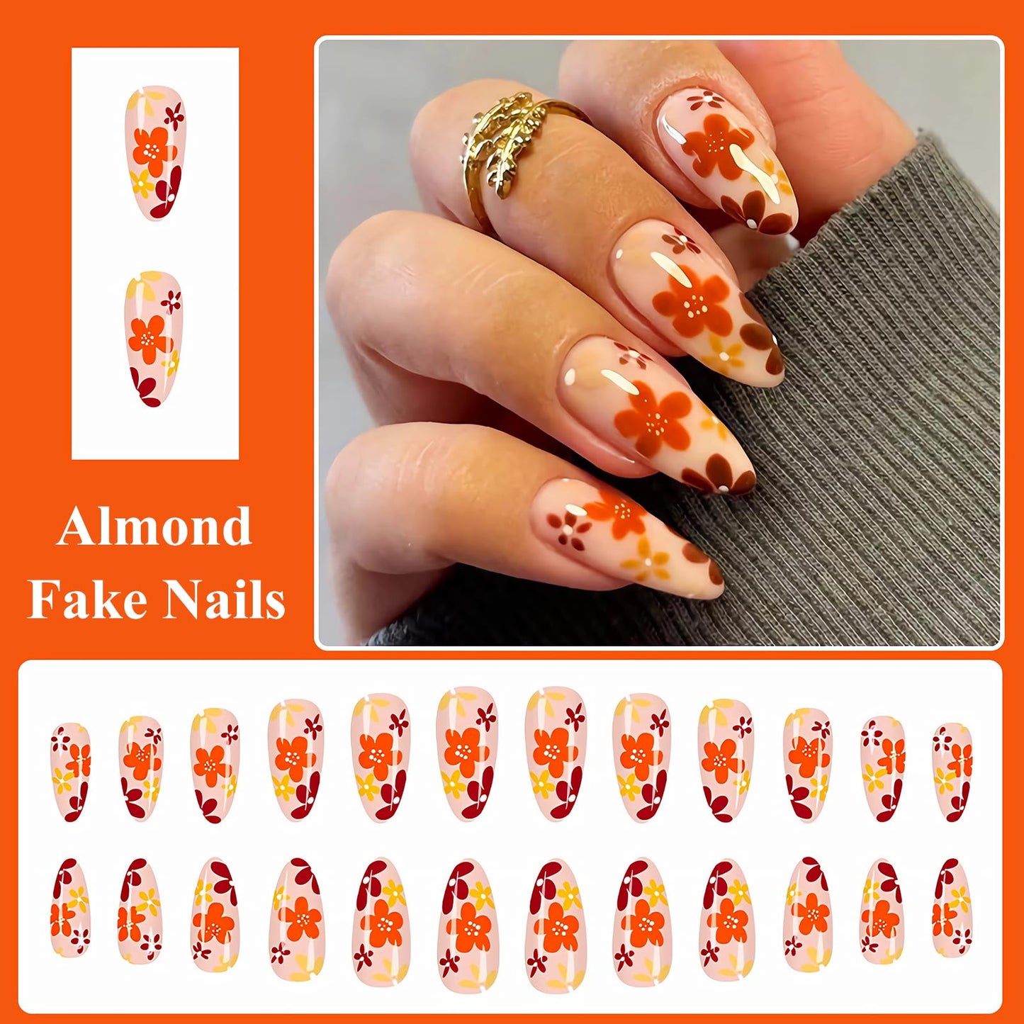 MISUD Press on Nails - Medium Almond Glue on Nails with Fall Brown, Acrylic Autumn Flower Design 24 pcs