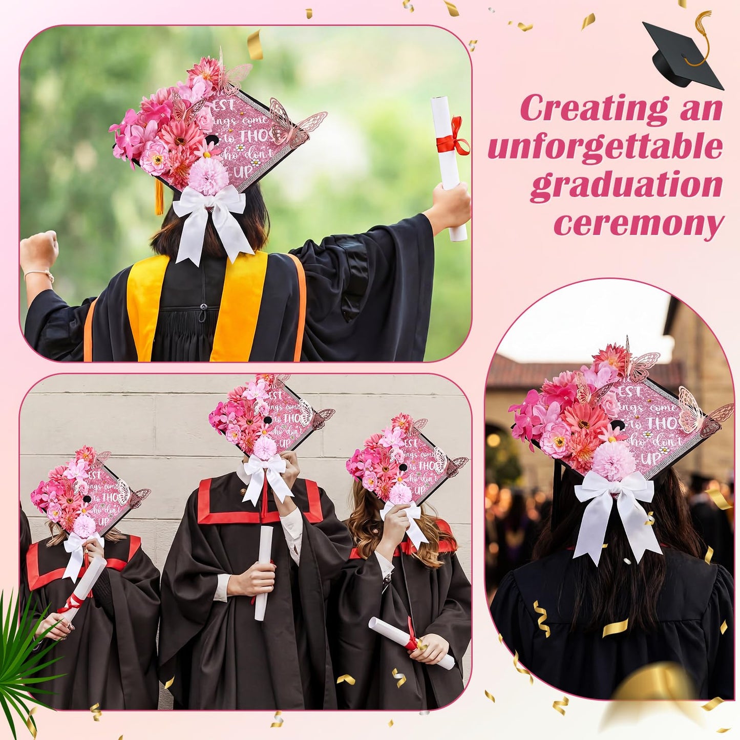 Dunzoom 40 Pcs DIY Graduation Cap Decorations Kit Artificial Flowers Inspirational Cardstock 3D Butterfly Stickers Ribbon Bow Rhinestone Stickers for Grad Cap Topper Graduation Party(Pink)