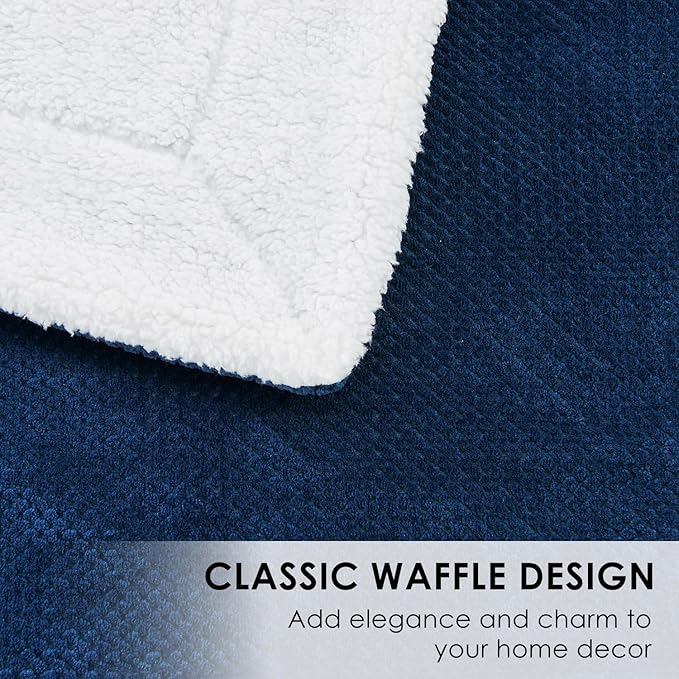 SOCHOW Waffle Sherpa Fleece Throw Blanket, Super Soft Fuzzy Warm, Lightweight Fluffy Reversible Plush Blanket for Bed Sofa Couch, 60 x 80 Inches Navy Blue
