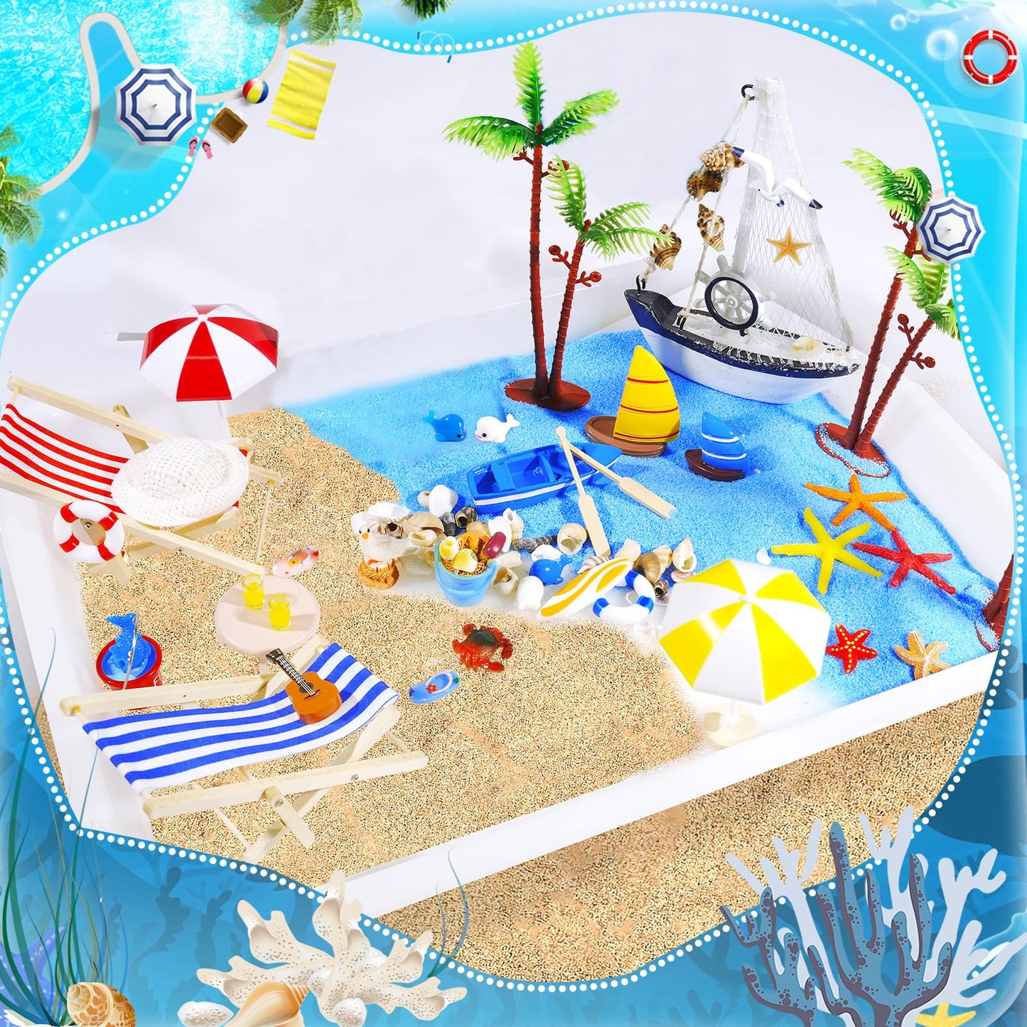 Pamonrueer 39 Pcs Miniature Summer Beach Accessories Ocean Diorama Supplies Sand Box Beach Theme Cake Decorations Sea Animal Figurines Shell Cake Topper Party Gifts Diorama Projects