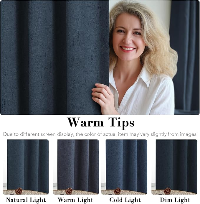 H.VERSAILTEX Primitive Linen Blackout Curtains with Burlap Fabric and White Thermal Insulated Liner, Grommet Top Curtains for Living Room/Bedroom (2 Panels, 42 x 84 Inch, Navy)