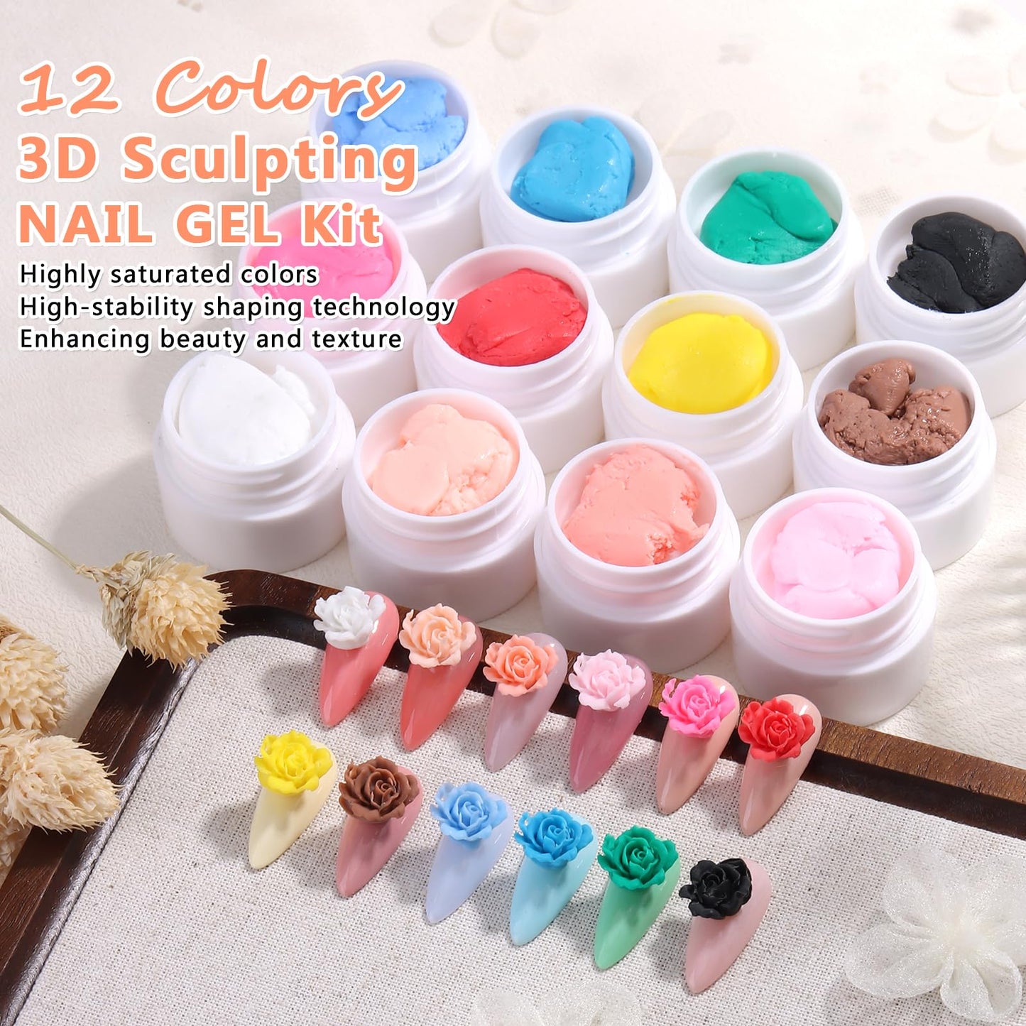SUTOKAKA Solid Builder Nail Gel Set, 12 Colors Non-Sticky 3D Sculpting Gel for Nail Art Painting Drawing Carving Molding With Silicone Sculpture Pen for Manicure Salon Home DIY