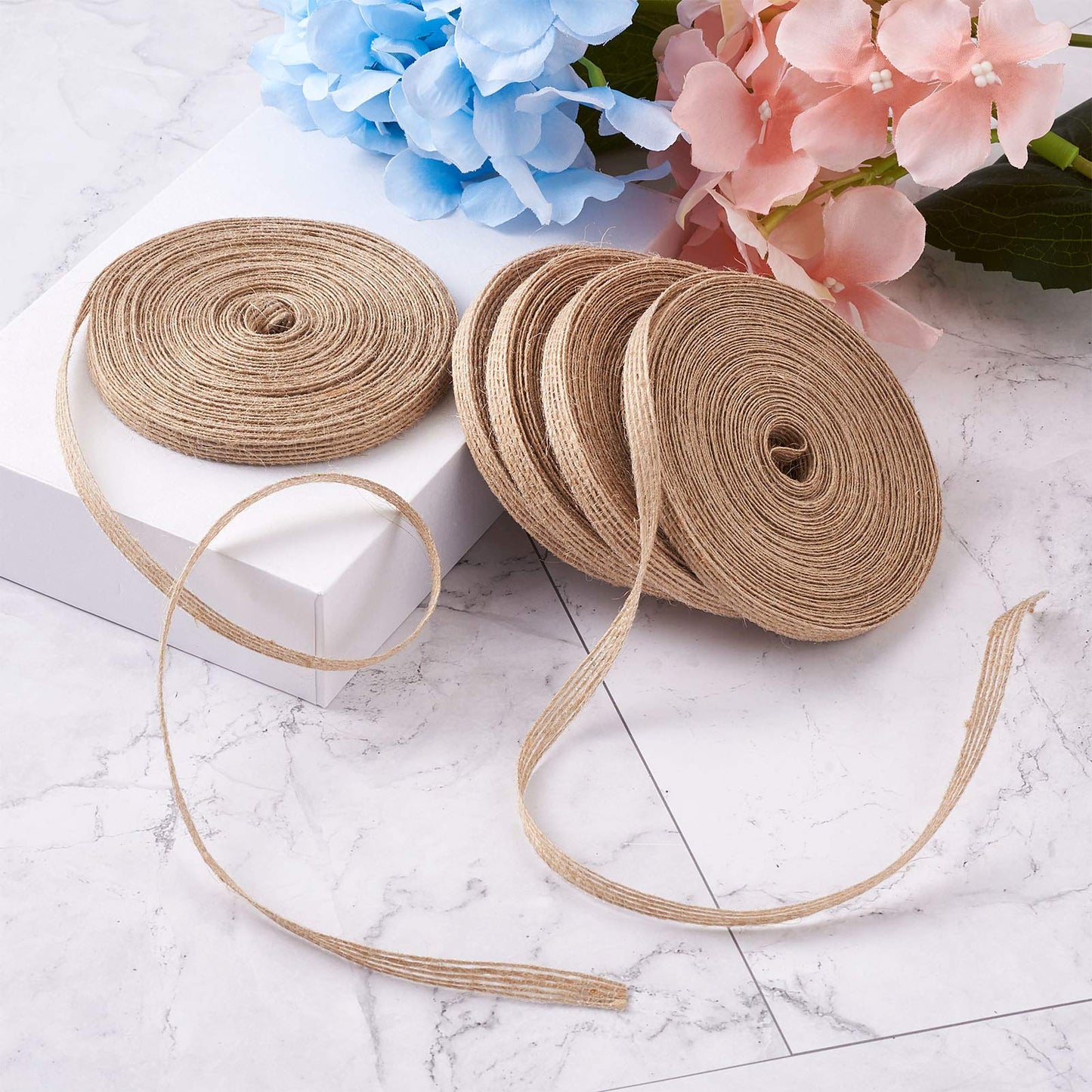 Pandahall 5 Rolls Natural Burlap Fabric Ribbon 1/4 inches Tan Jute Linen Ribbon Rolls for Party Decoration, DIY Crafts Gift Wrapping Christmas Making