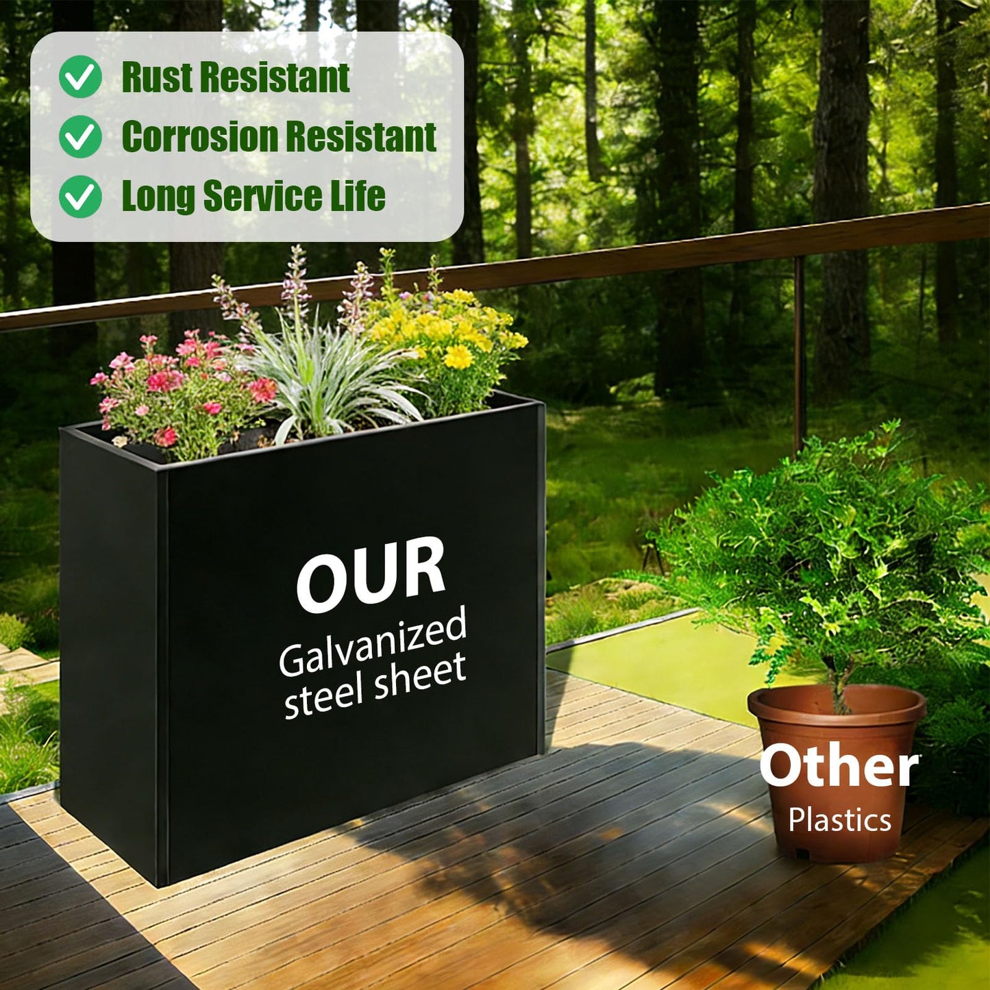 Metal Rectangular Planter, Metal Planter Box, 38" L x 13" W x 30" H Large Heavy Duty Tall Black Planter Box with Drainage Holes and Adjustable Balancing Feet Ideal for Porch, Garden, Patio, Yard