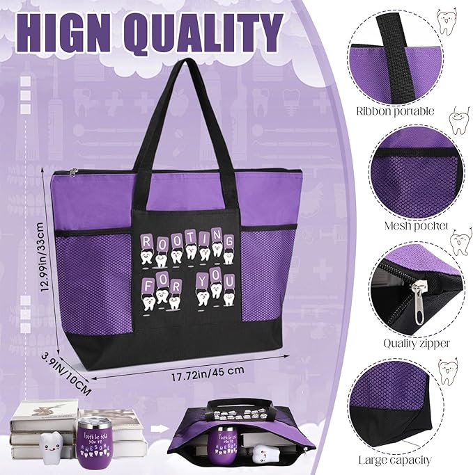Sliner 3 Pcs Christmas Dental Assistant Gifts Positive Dentist Dental Hygienist Gifts Accessories Inspirational 12oz Tumbler Tote Bag Funny Teeth Stress Toy for Women Students Nurses Doctors(Purple)