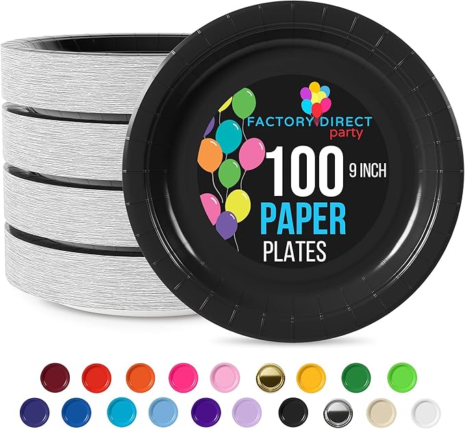 Exquisite Party Solids Black Paper Plates Disposable Heavy Duty 9 Inch Black Disposable Plates For Party 100 Pcs Heavy Duty 350 GSM, Birthday Supplies