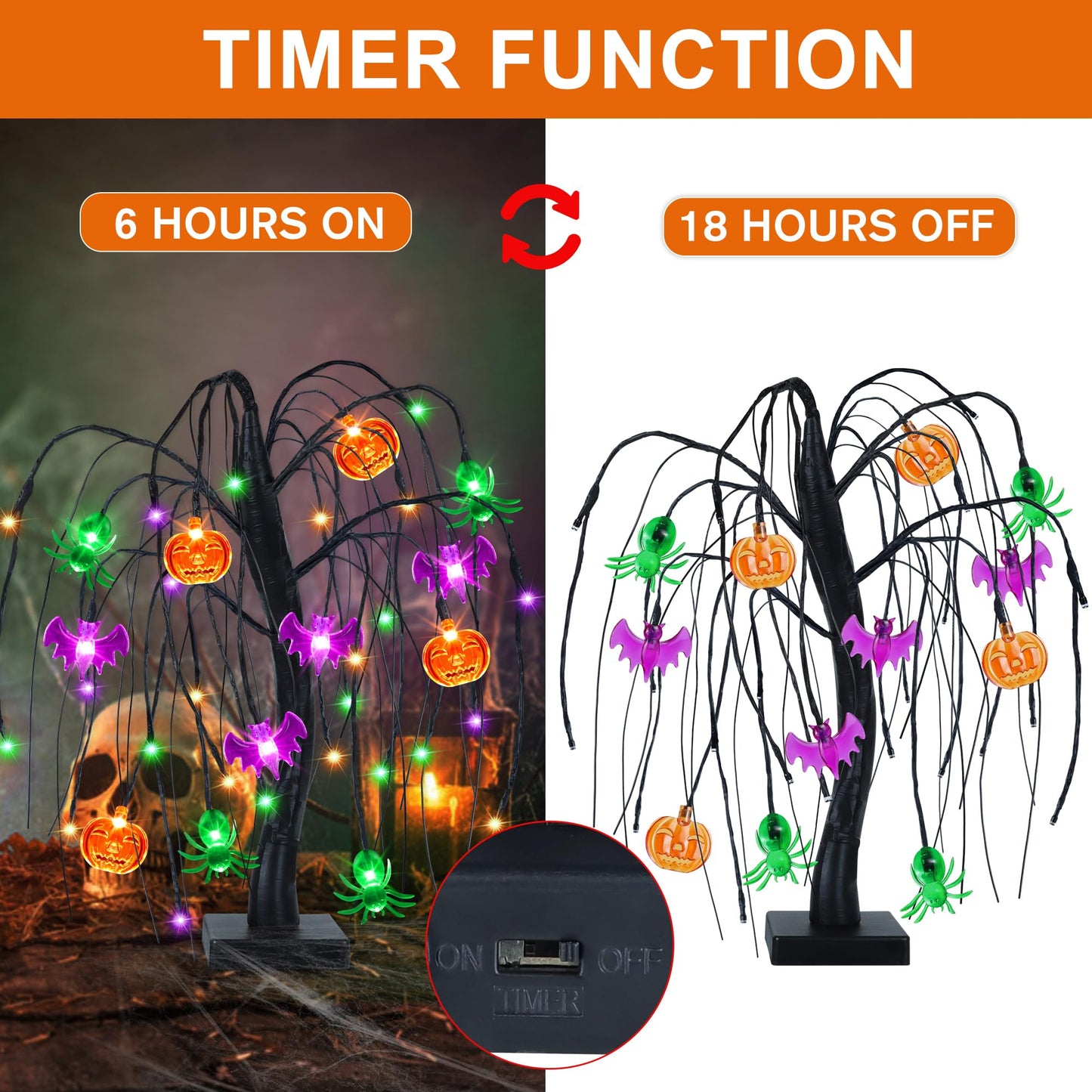 Halloween Table Decor 18 Inch 36 LED Halloween Willow Tree with Pumpkin Bat Spider Lights, Timer/USB/Battery Operated Black Halloween Tree Spooky Halloween Decorations Indoor for Home Party Room Gifts