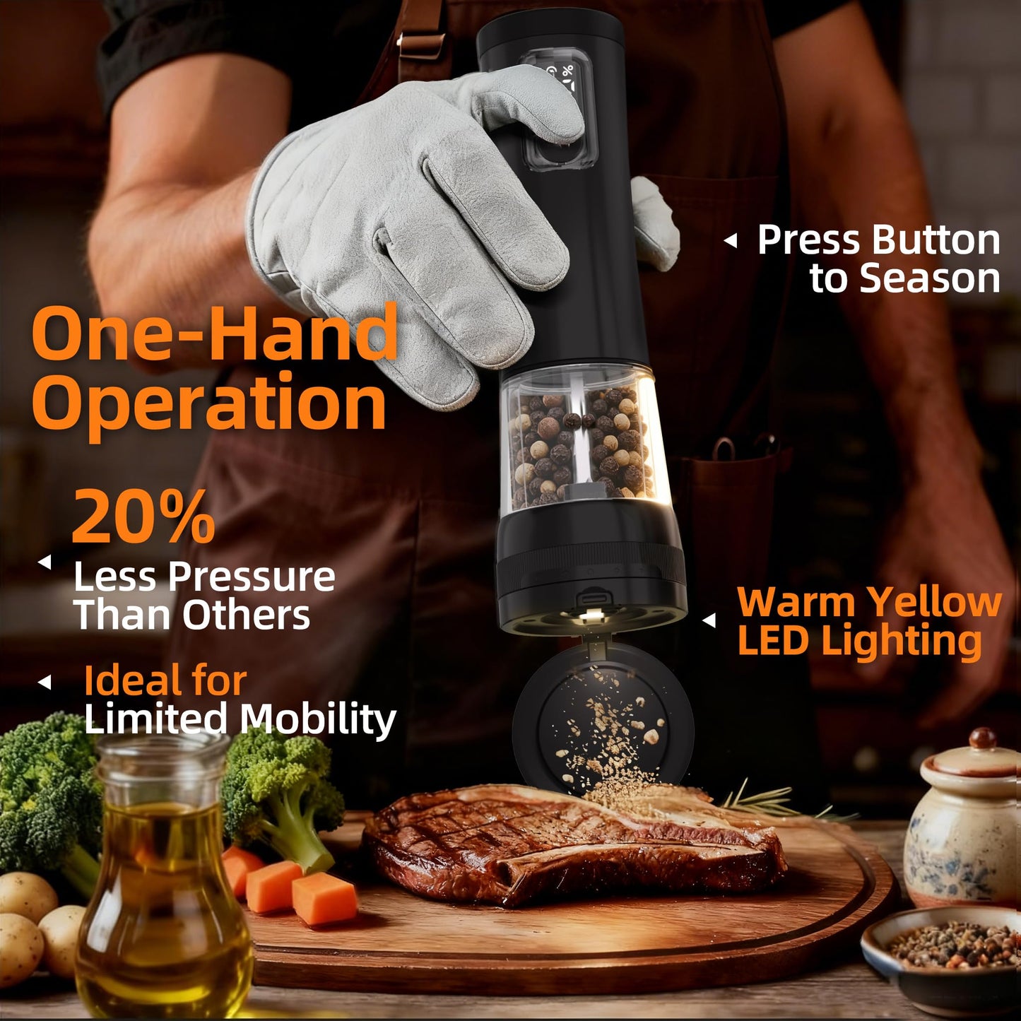 Electric Salt and Pepper Grinder Set-2 Pack Rechargeable Automatic Pepper Mill with Base,5-Level Adjustable Coarseness, Display, LED Lighting, Large Capacity-Ideal for Kitchen, BBQ Gifts (2, Black)