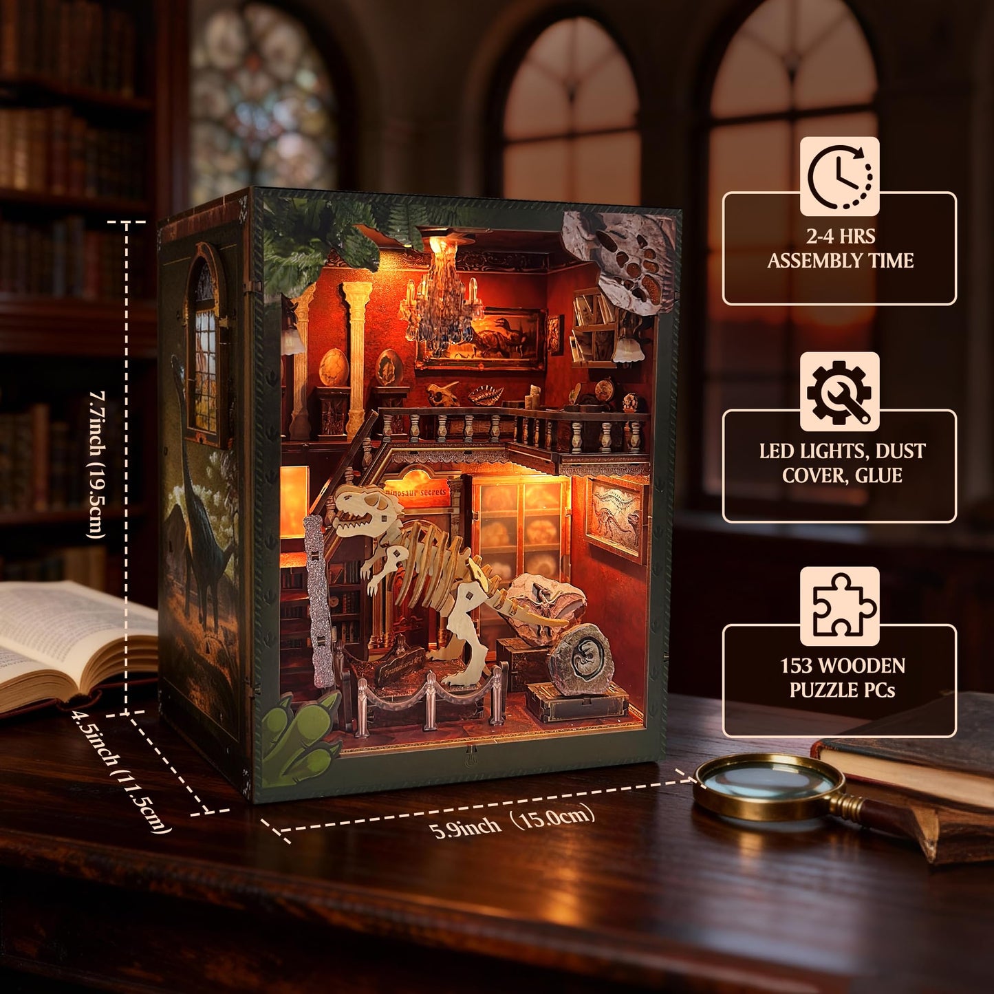 Soothee DIY Book Nook Kit with LED Lights | 3D Puzzles for Adults & Teens, Miniatures and Model Building Kits for Bookshelf Decor, Relaxing & Unique Gift for Craft Lovers | Dinosaur Museum