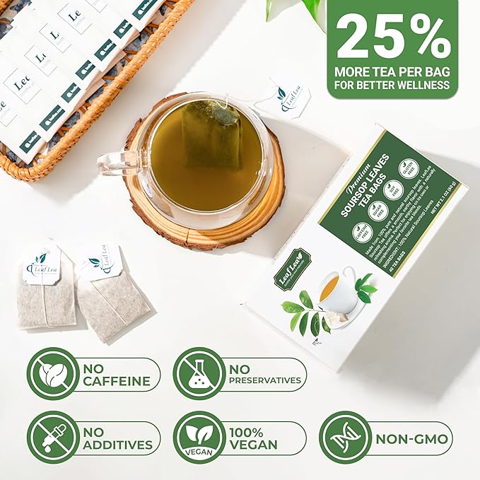 LeafLea 120 Soursop Tea Bags, from 100% Natural Pure Soursop Graviola Leaves, Improve Digestion, Support Healthy Skin & Sleep, Herbal Tea Caffeine-free, Hojas De Guanabana Tea, Non-GMO, Pack of 3