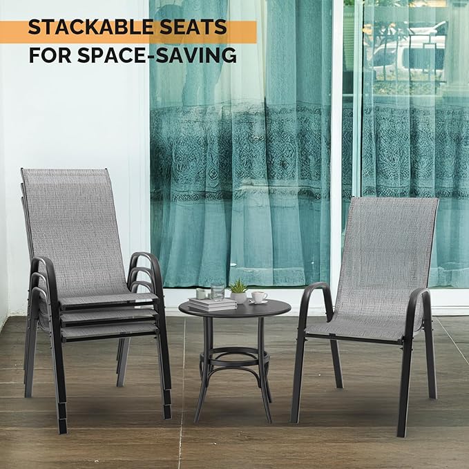 VINGLI Patio Chairs Set of 6 – Stackable Outdoor Dining Chairs with Comfortable Sling High Back Chairs and Armrests for Lawn, Poolside, Courtyard, Balcony, Garden, Silver Gray