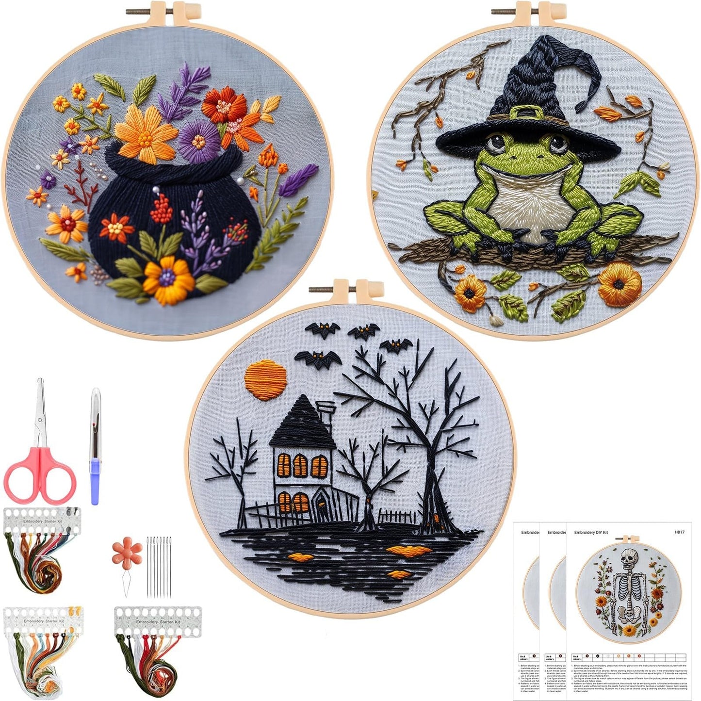 【Beginner Friendly Embroidery】 3 Set Halloween Embroidery Kit, Gothic Embroidery Starter Kit, DIY Stamped Cross Stitch Kits for Adults with Needles and Thread Included