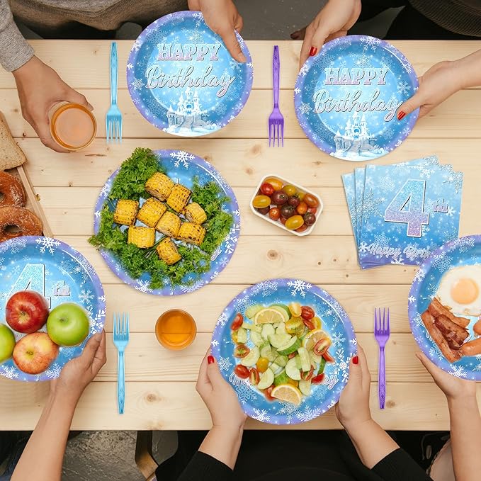 Snowflake Winter Wonderland 4th Birthday Paper Plates Napkins Forks Disposable Dinnerware Happy 4th Birthday Blue and Purple Winter Snowflake Tableware for Kids Christmas onderland Party Decorations