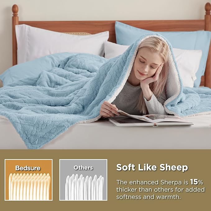 Bedsure Sherpa Fleece Throw Blanket for Couch - GentleSoft Fluffy & Cozy Cable Jacquard Tufted Throw for Women Gift, Thick and Warm Blankets for Winter, Blue, 50x60 Inches