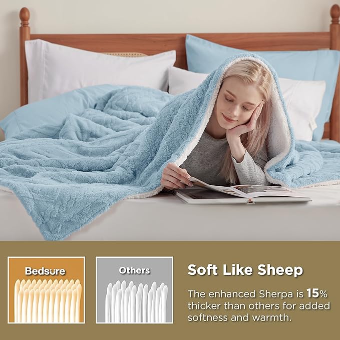 Bedsure Sherpa Queen Size Blanket for Bed - GentleSoft Fleece Fluffy & Cozy Cable Jacquard Tufted for Women Gift, Thick and Warm Blankets for Winter, Blue, 90x90 Inches