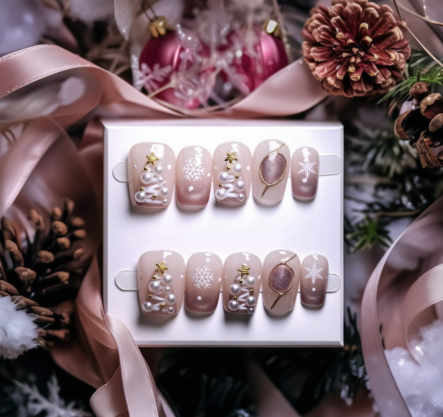 Fine Point Handmade Holiday Snowflake Pearl Press On Nails – 10 Piece Nude Pink Ombre Short Squavol False Nails with 3D Pearls, Christmas Tree & Gold Accents, Acrylic Nails, Festive (Size Large)
