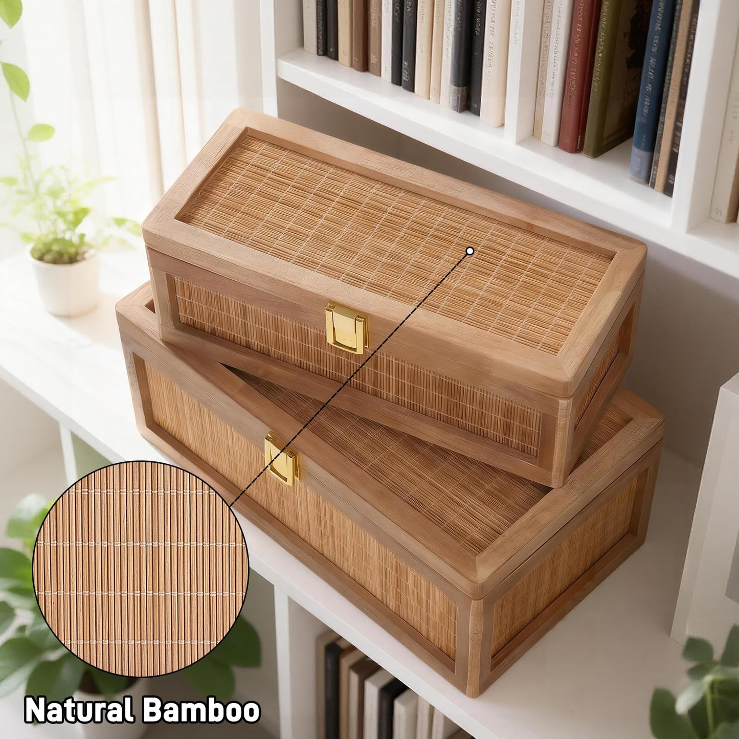 HuiDao Natural Bamboo Decorative Box with Lids, Unique Decorative Boxes Set of 2, Boho Wedding Keepsake Box, Memory Box with Lid for Crafts, trinkets and Photo Storage
