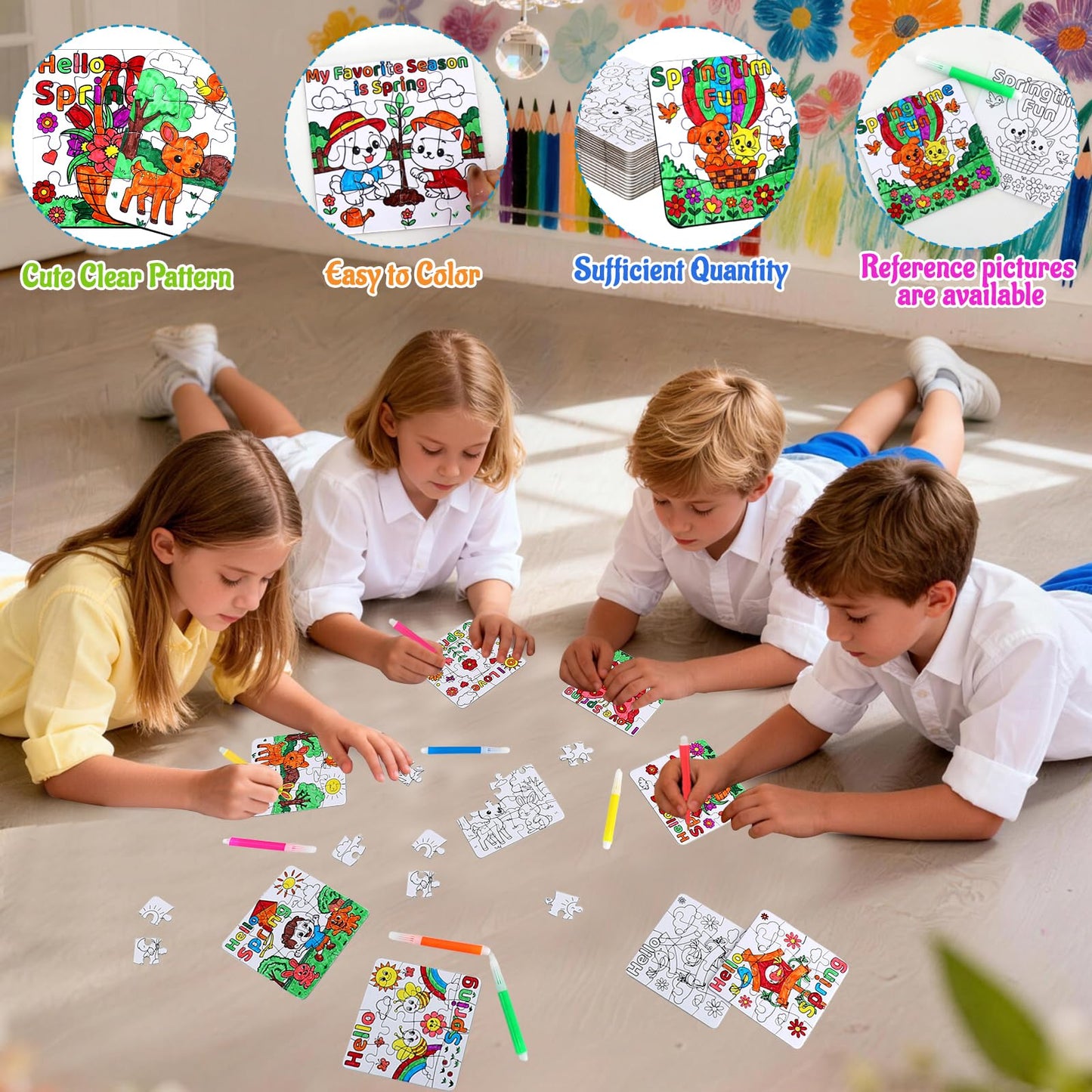 24Pcs Spring Crafts for Kids & Adults Bulk, Spring toddler Art and Craft DIY Puzzle Kits with Flower Butterfly Bee Bunny, Easter Jigsaw for School Classroom Activity April Party Favors & Gift Supplies