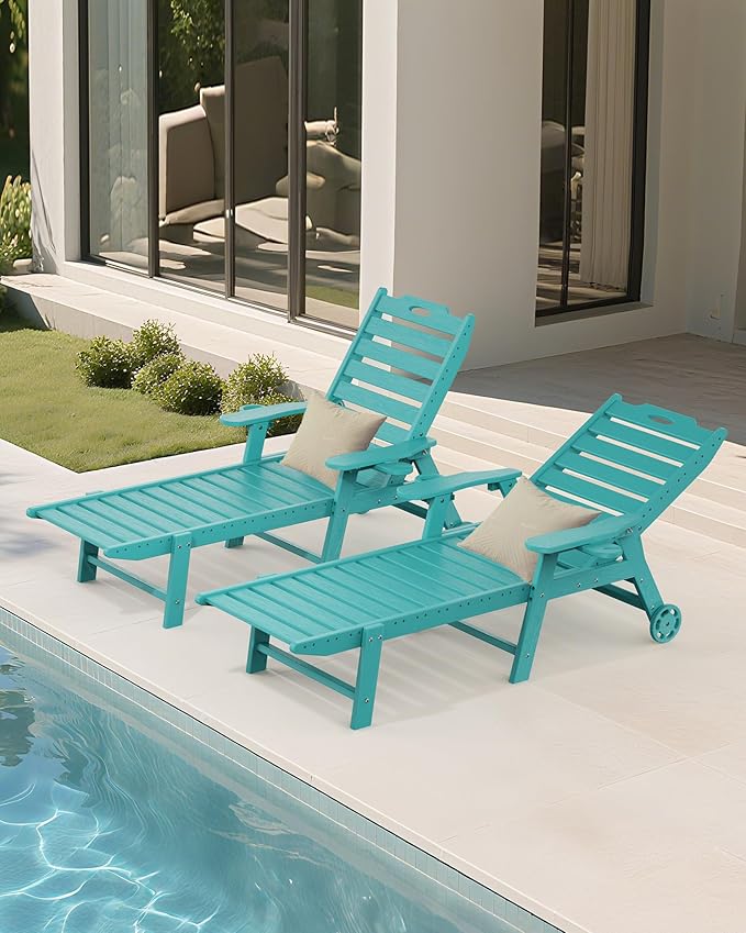 Carauci Lounge Chair Outdoor Set of 4, HDPE Chaise Lounge with Wheels, 5-Position Adjustable Backrest & 2 Cup Holders Patio Lounge Chair, All-Weather Pool Sun Lounger for Poolside, Backyard, Lake Blue