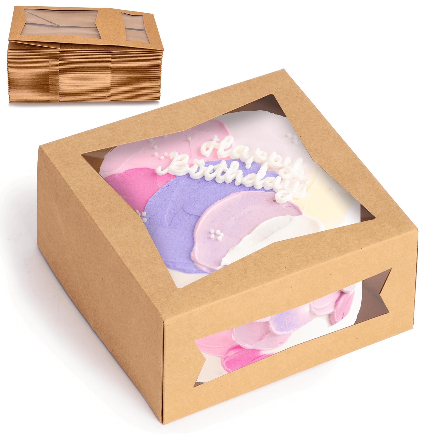 Fit Meal Prep 25 Pack Cake Boxes with Window 8x8x4 Auto Pop-Up Bakery Containers for Dessert, Cookies, and Pastry Gift Treat Box for Packaging Cake Carrier for Valentine's Day, Christmas Kraft