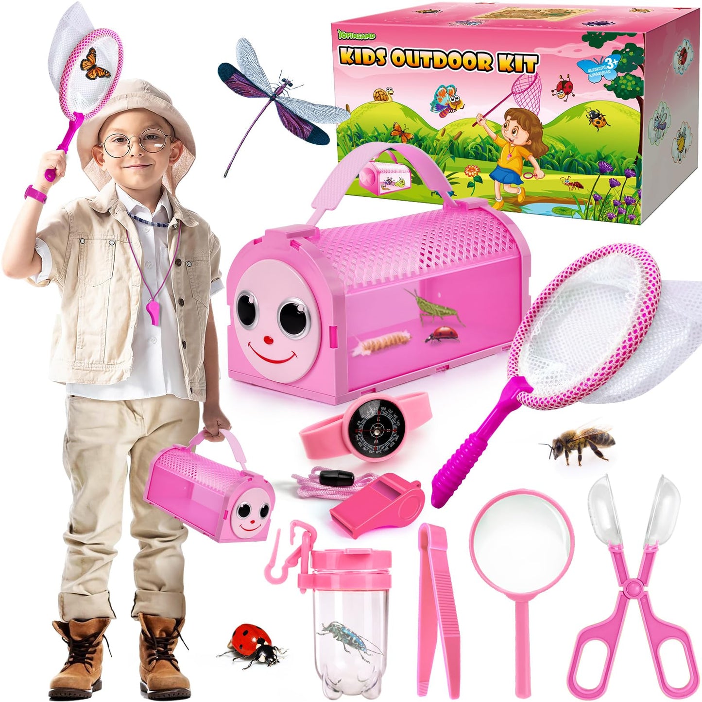YOPINSAND Bug Catcher Kit & Outdoor Explorer Kit for Kids, 10 Pcs Bug Catching Kit with Toy Cage, Backpack, Manifying Glass, Toy Net, Outdoor Exploration Toys Gift for Boys Girls 3-12