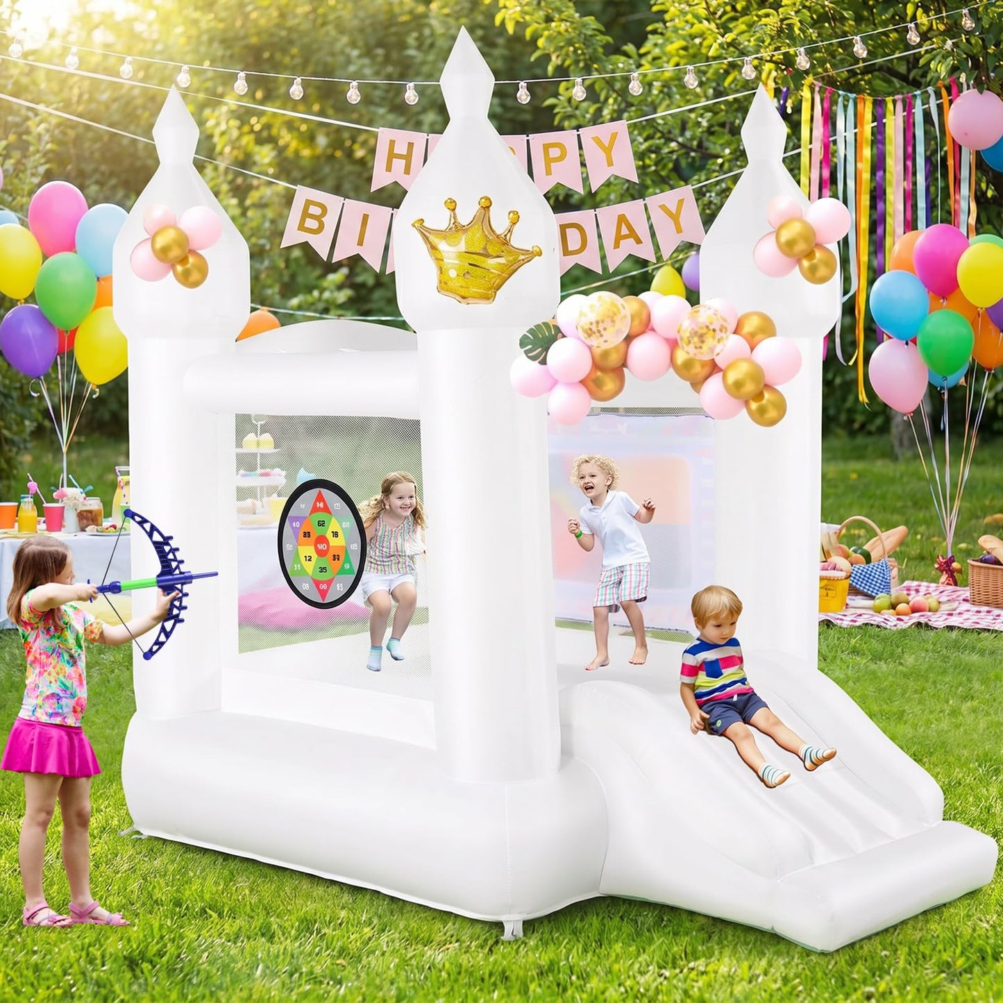 White Inflatable Bounce House for Kids, Blow Up Backyard Bouncy Castle with Slide, Water Doodle Mat, Basketball Hoop, Target & Balloons (White Bounce House Without Blower)
