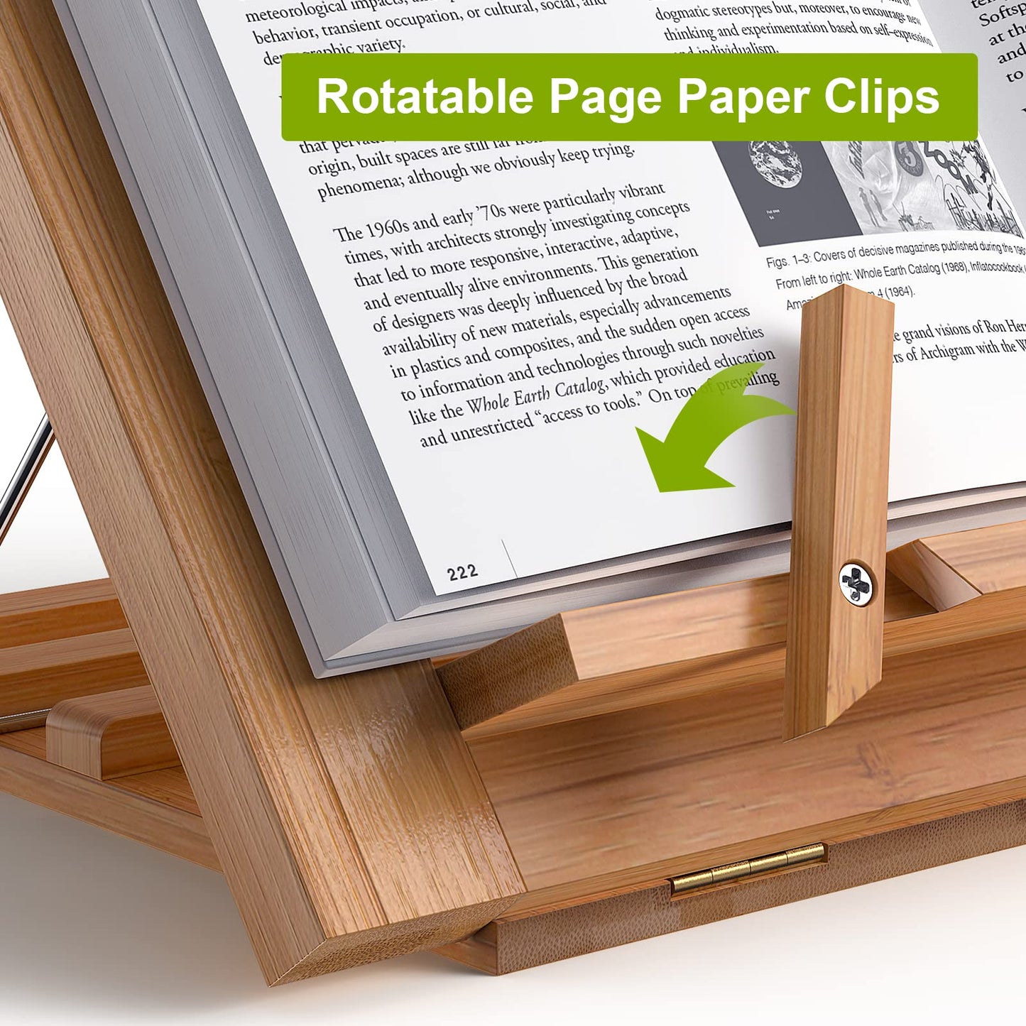 Wooden Desktop Book Stands, Adjustable Book Stand for Reading, Pezin & Hulin Cook Book Holder Seat, Bamboo Foldable Riser for Tablet, Recipe, Laptop with Page Clips