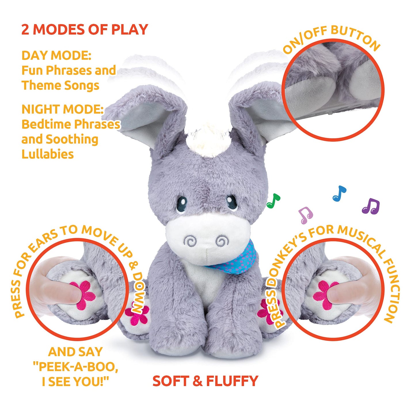 KiddoLab Musical Duo: Peek-A-Boo Donkey & Monkey Plush Toy Set for Infants 3-18 Months with Moving Ears, Light-Up Buttons, & Melodic Nursery Songs.