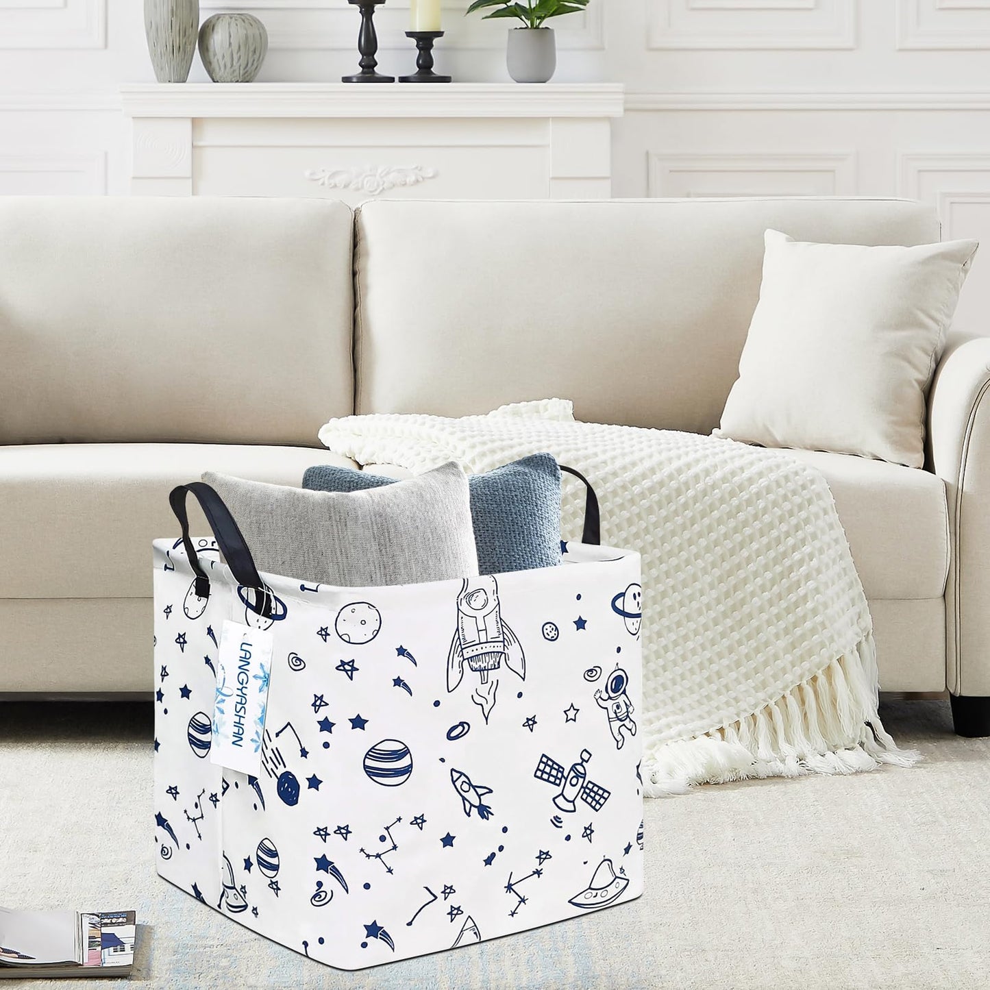 LANGYASHAN Square Storage Baskets Waterproof Canvas Children Laundry Nursery Hamper for Shelves Gift Baskets Toy Organizer Room Decor (Square spaceship)
