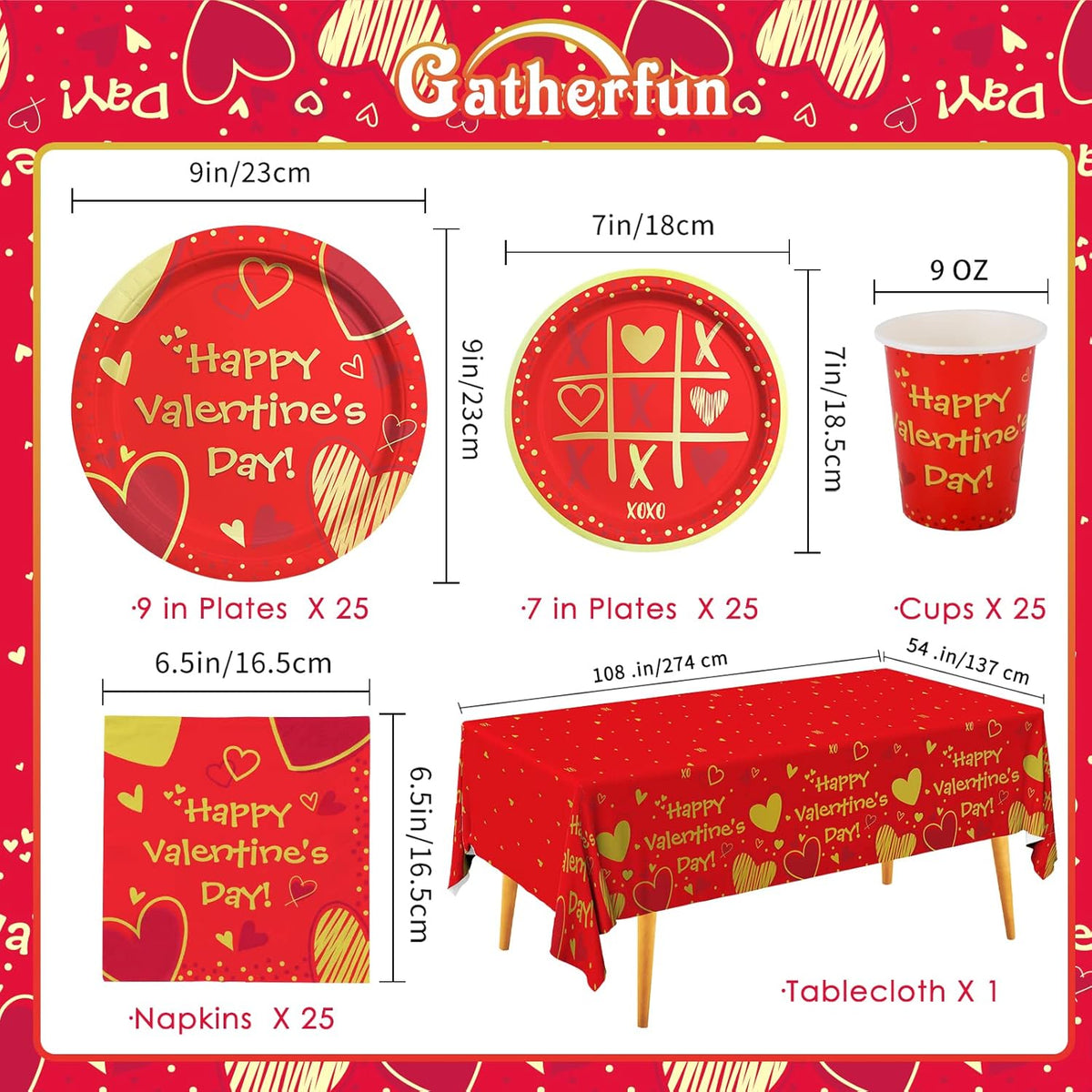 Valentine's Day Party Supplies Red Heart Love Disposable Paper Plates Napkins Cups plastic Tablecloth for Valentine's Day, Engagements, Anniversary, Birthday Party Serve 25