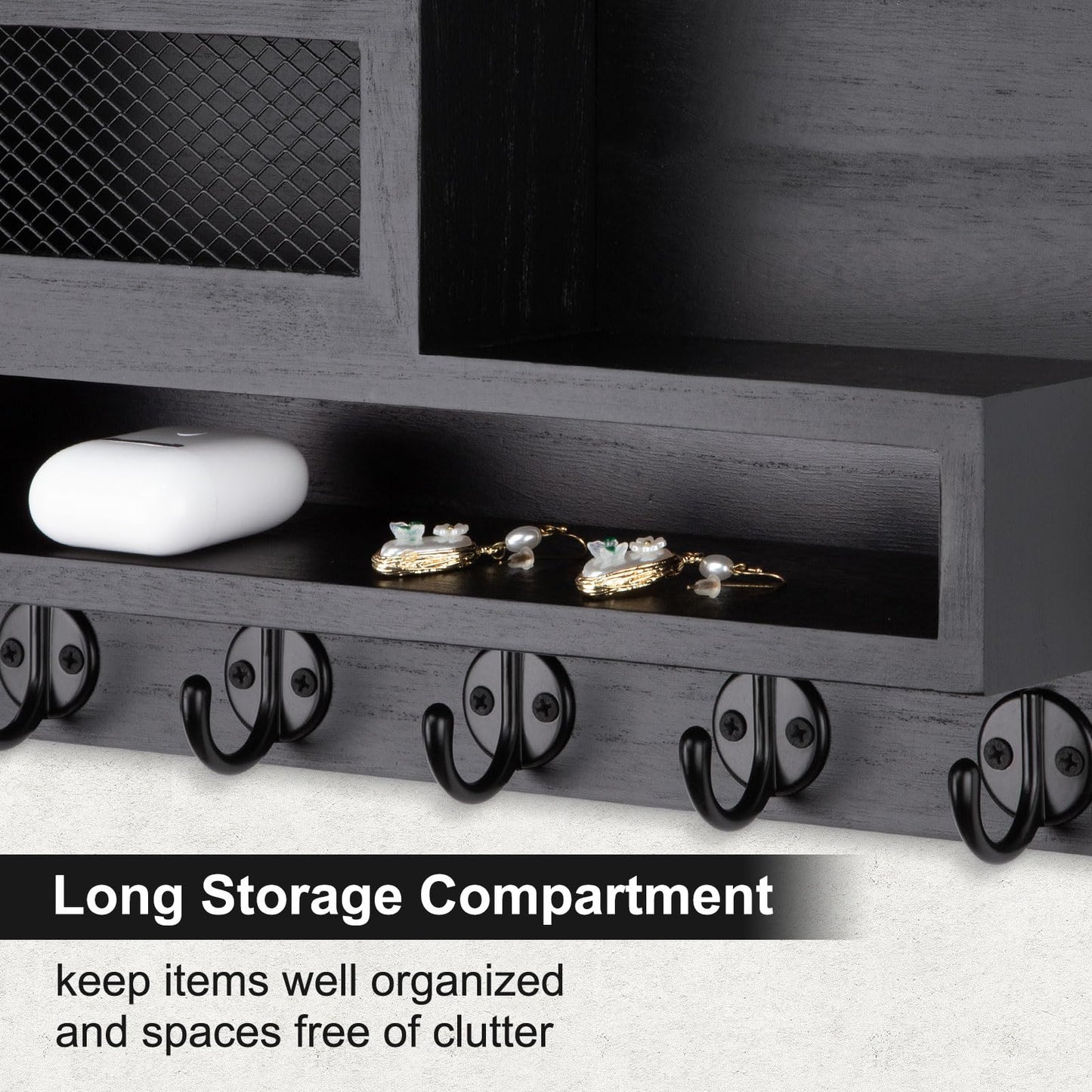 Lucundm Key and Mail Holder Wall Mount, Key Hanger with Long Storage Box and 5 Hooks for Coat, Dog Leash, Home Decor Rack, House Accessories, Entry Way Organizer 11.8”W x 7.8”H x 3.2”D