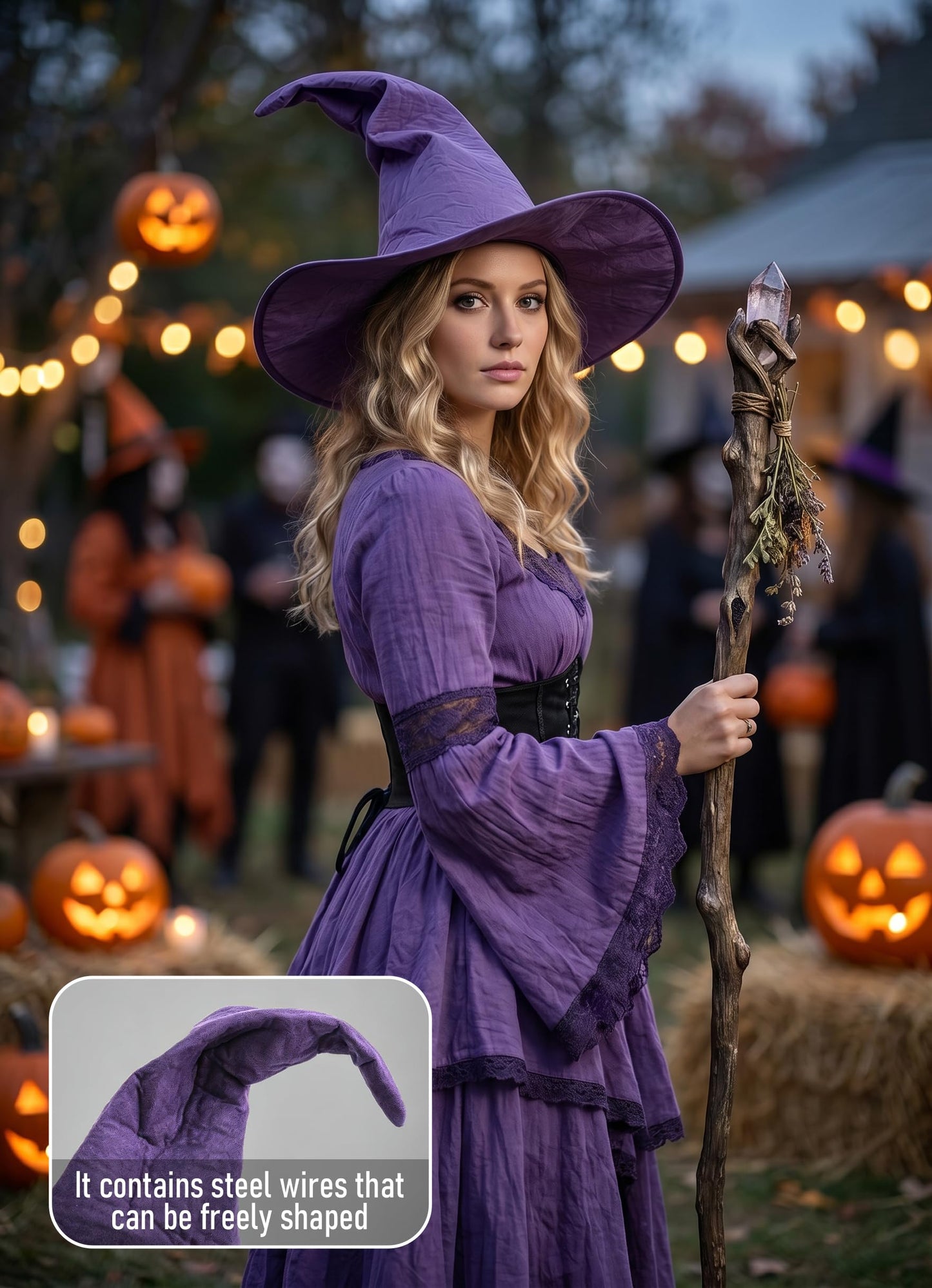 VZQI Womens Witch Hat Faux Suede Halloween Costume Accessory 18 Inch Wide Brim 8 Colors DIY Friendly Party Cosplay Purple