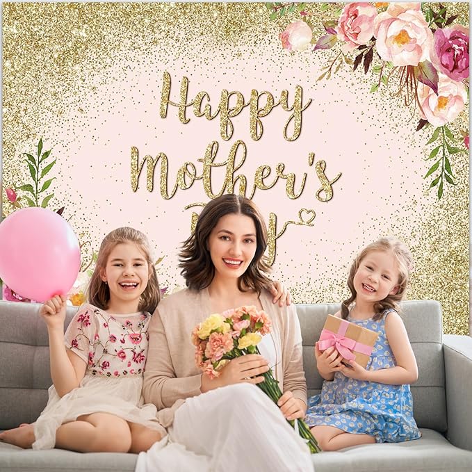 Avezano Glitter Gold Happy Mother's Day Backdrop for Thanks Mother Party Photoshoot Photography Background Blush Pink Golden Glitters Dots Floral Mom's Day Party Decorations Backdrops (8x6ft)