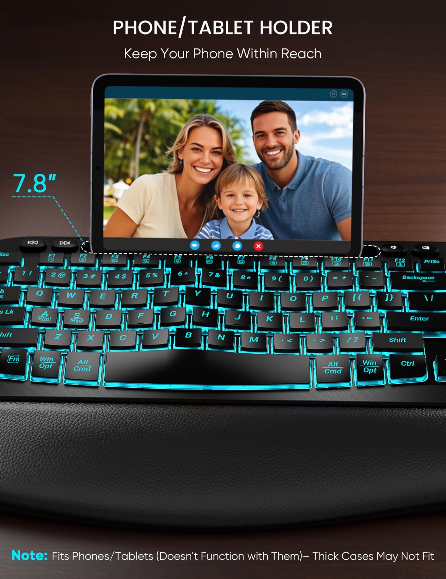 SABLUTE MA22 Pro Wireless Keyboard and Mouse Combo - Ergonomic Wave Keyboard with Soft Leather Wrist Rest, Phone Holder, Rechargeable, RGB Backlit Mouse, Full-Size Set for Windows/Mac/Computer