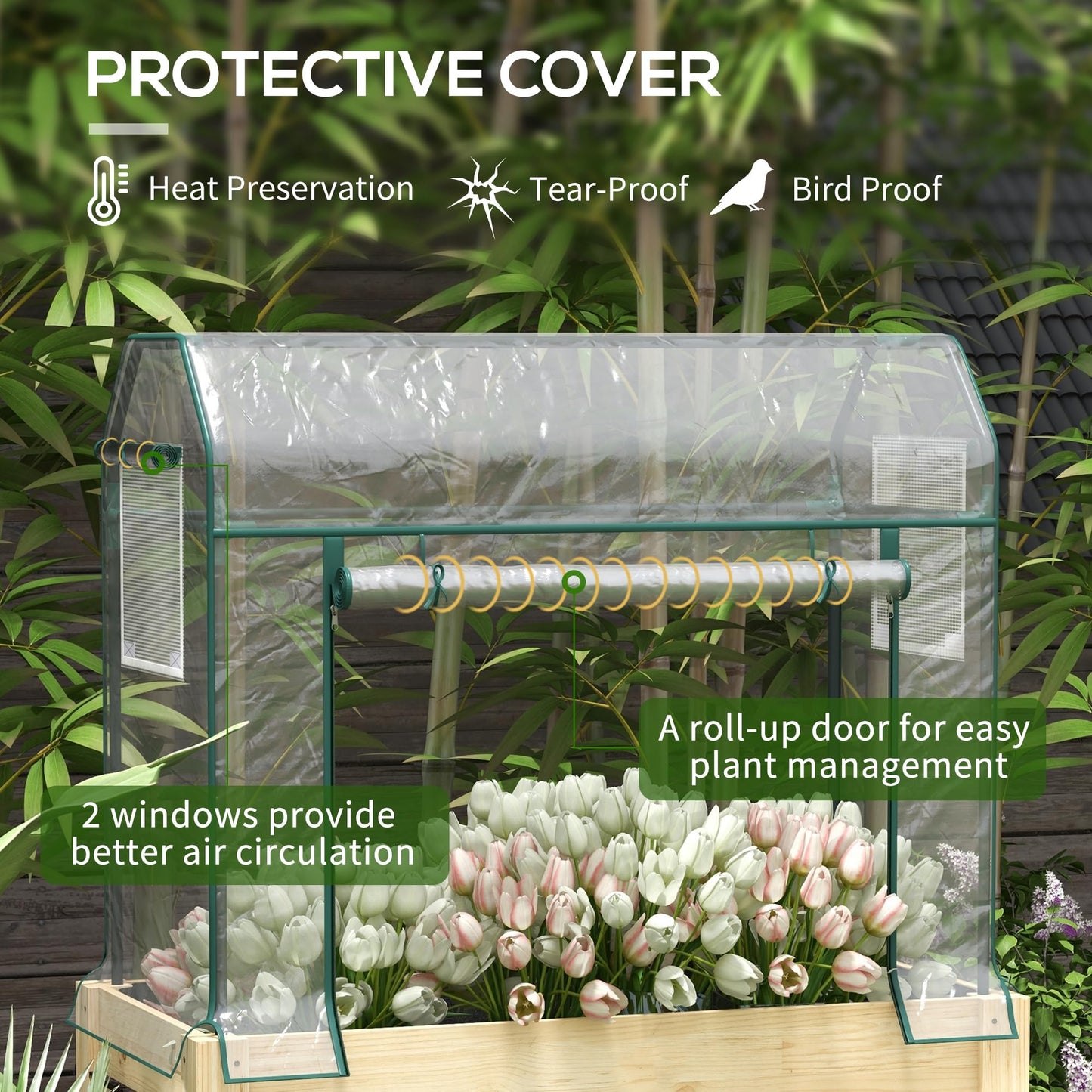Outsunny Raised Garden Bed with Plastic Greenhouse Cover and Bed Liner, Outdoor Elevated Wood Planter Box for Herbs and Vegetables, Use for Patio, Backyard, Balcony, 45 x 24 x 65 inch, Natural