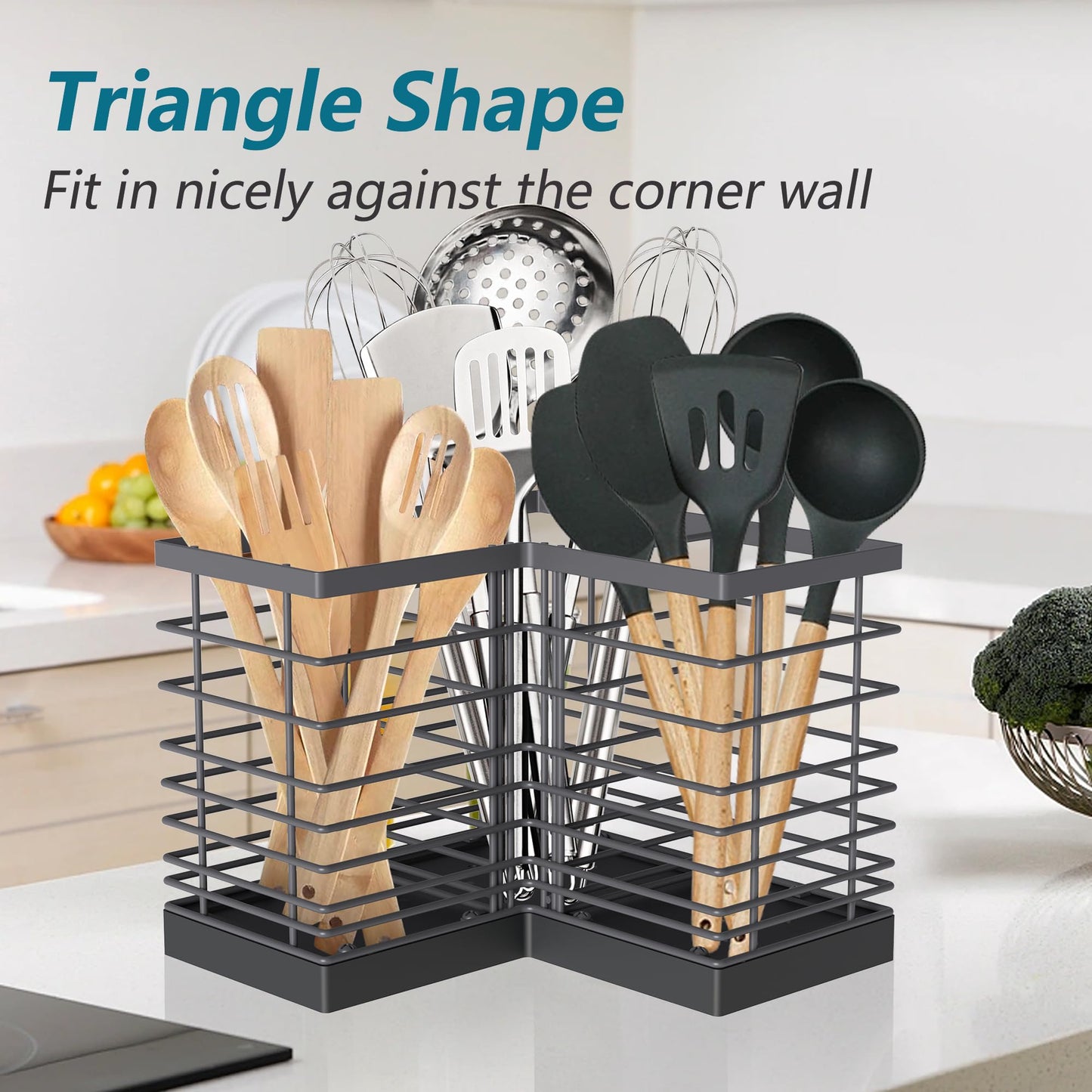 Suli Kitchen Utensil Holder with 3 Compartments，Grey Metal Corner Kitchen Caddy for Countertop，Farmhouse Rustic Cooking Storage-Grey