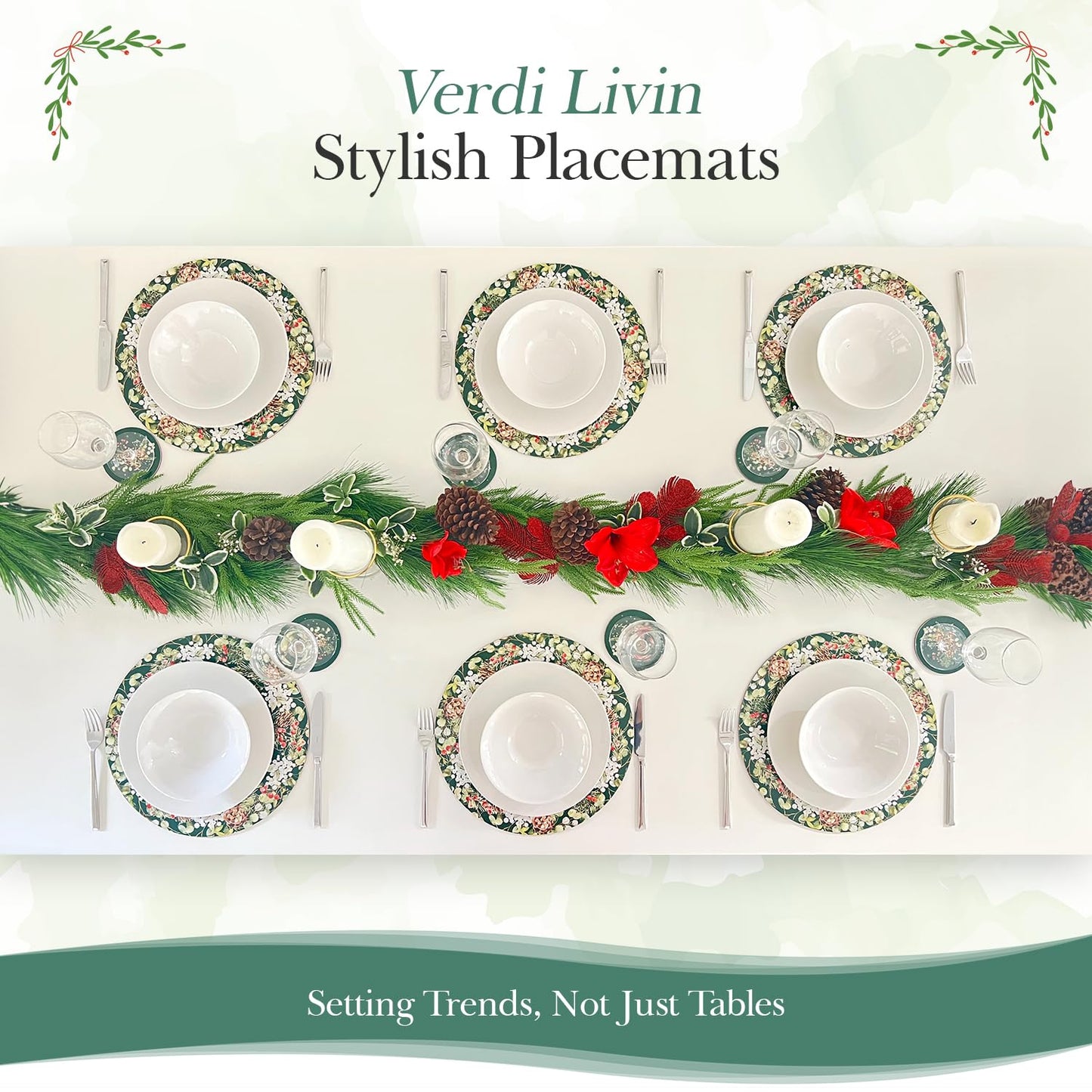 Verdi Livin Cork Placemats Set of 6 Matching Coasters I Heat Resistant Place Mats for Dining Table 16" x 12", Cork Backed, Wipeable (Wreath Green)