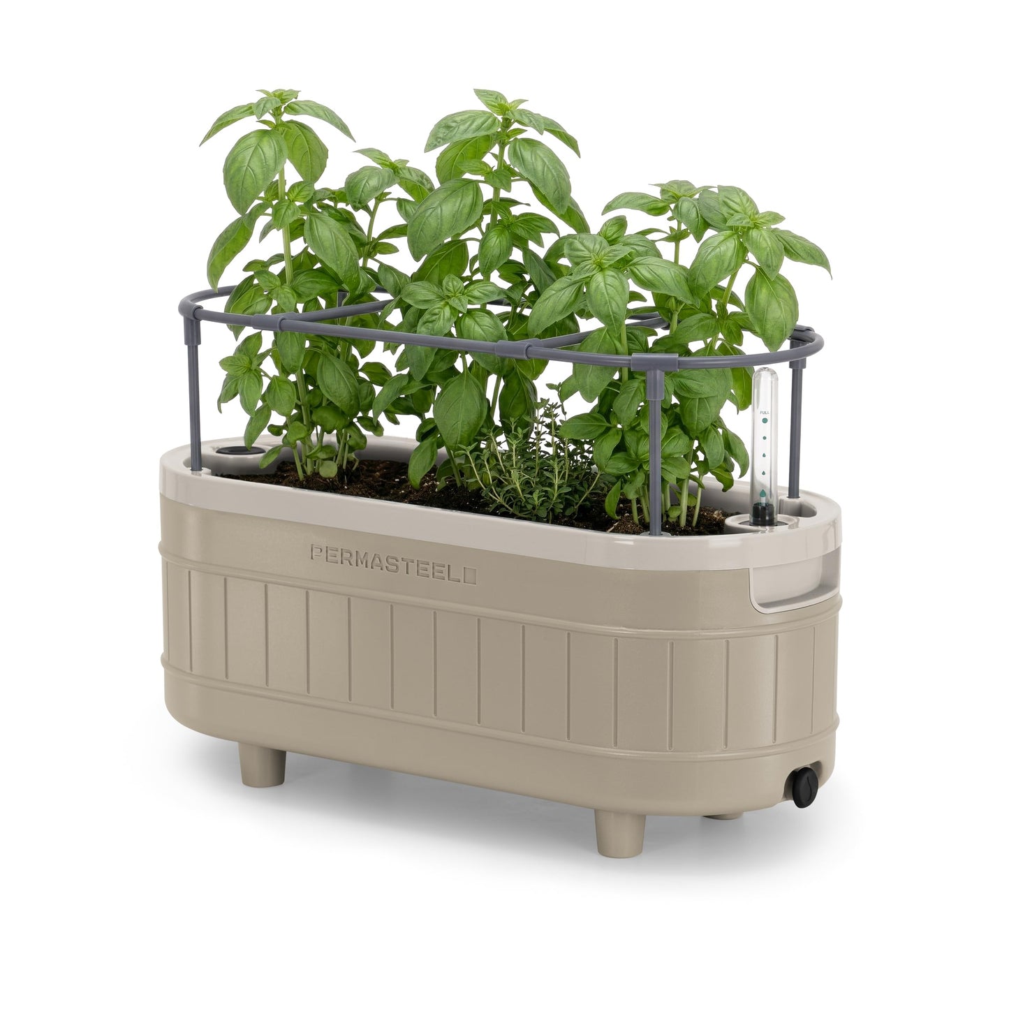 Permasteel Herb Garden Planter with Trellis Support, Self-Watering System with Water Level Indicator, Fits Multiple Herb Plants, for Basil, Flowers, Succulents, Indoor & Outdoor, Taupe