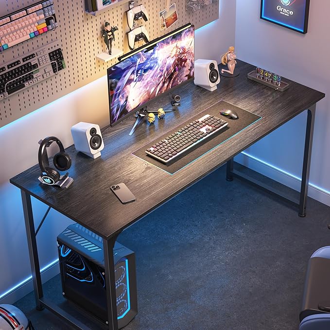 Huuger Computer Desk, 55 Inch Home Office Desk, Gaming Writing Work from Home Study Desk, Large Legroom, Sturdy Metal Frame, Modern Simple, Grey