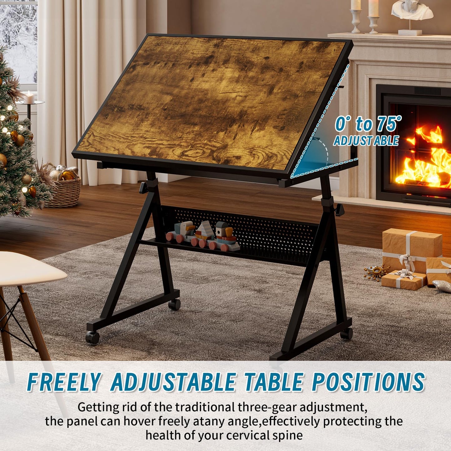 Adjustable Height & Angle Puzzle Table with Wheels, Jigsaw Puzzle Board for Adults, Metal Puzzle Desk with 4 Felt Trays, Wooden Protective Cover and Storage Shelf, Portable Puzzle Table,Brown & Black