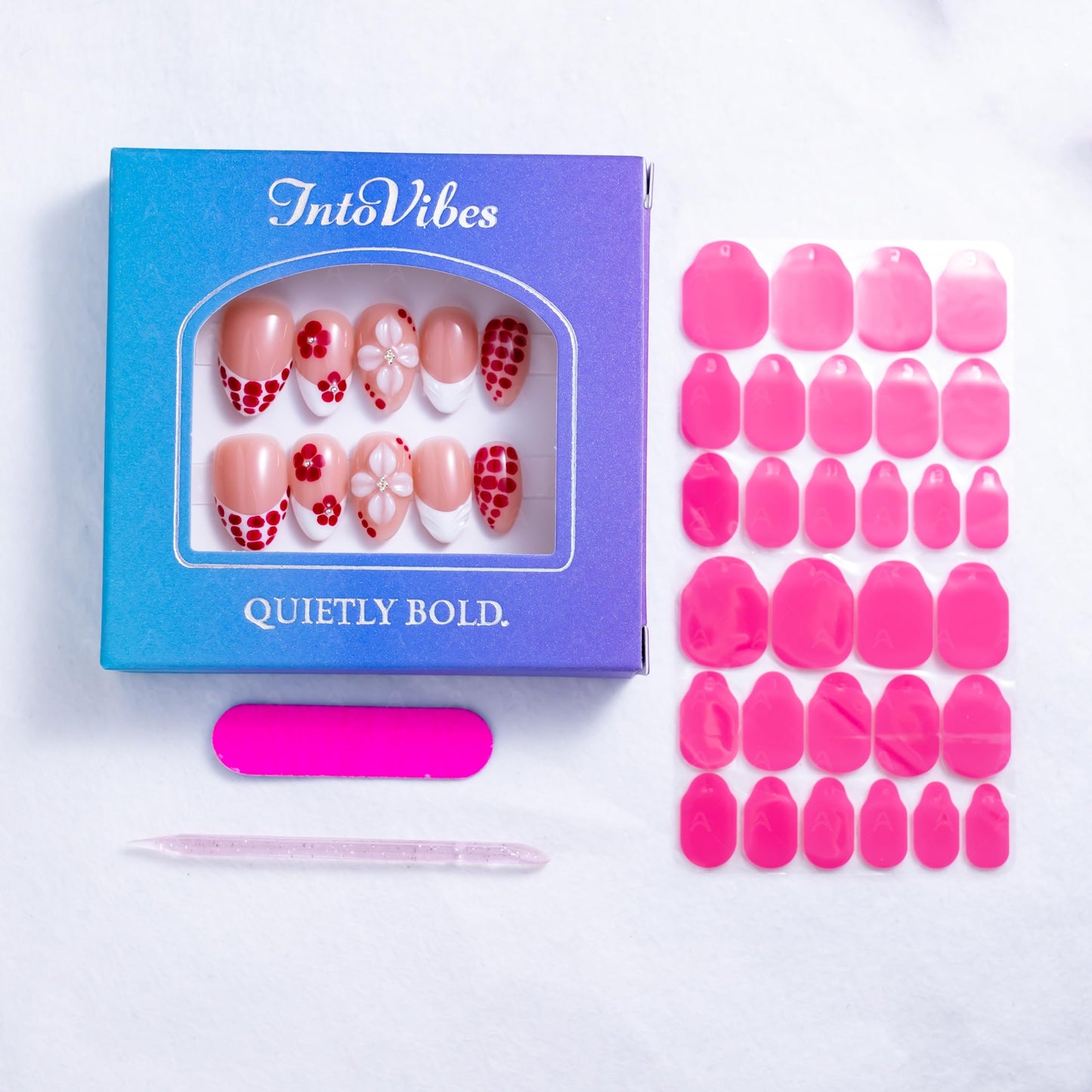 IntoVibes 10 Pieces Handmade Short Almond Press On Nails, Pink Thickened False Nails, Red Dots And 3D Flower, Reusable Fake Nails Almond, Reusable Acrylic Nails (M)
