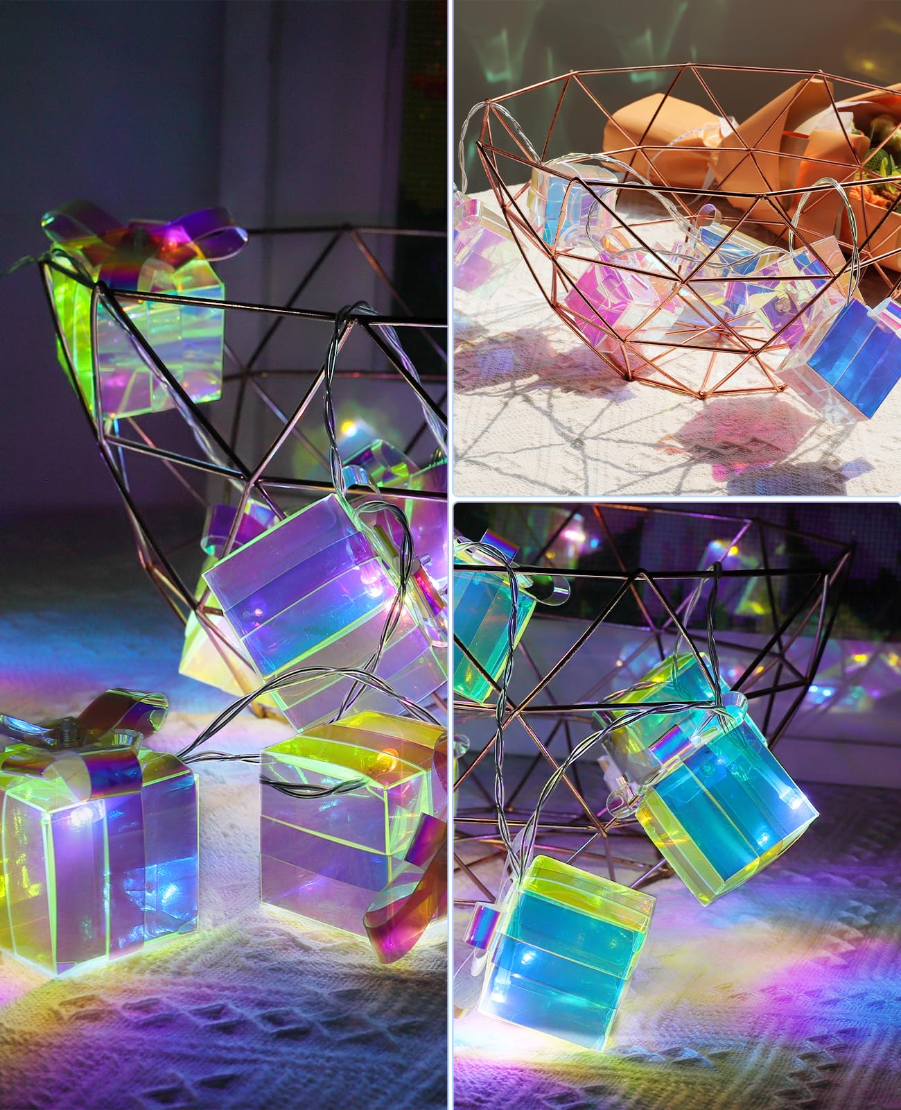 AceList Iridescent Gift Box String Lights Indoor 20 LED 9.84ft Holographic Lights with 8 Modes Battery & USB Powered Present Shape Fairy Lights for Birthday Christmas Wedding Decor