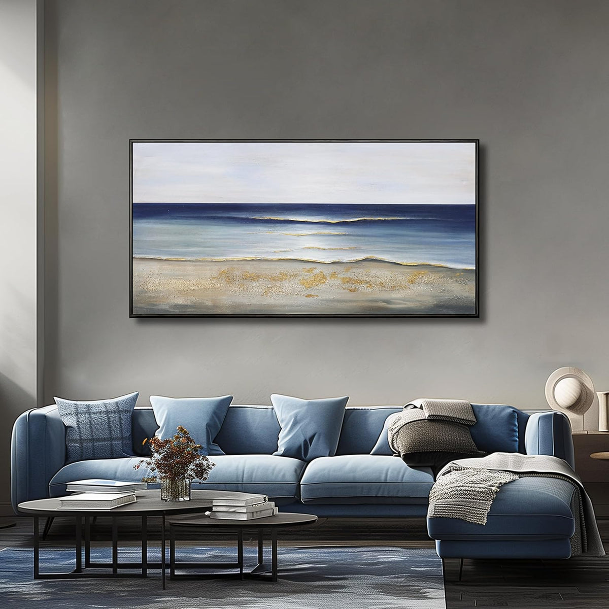 Yuaxker Ocean Wall Art Large Framed Wall Decor Blue and Gold Artwork Room Decor Aesthetic for Living Room Bedroom Dining Room Office Home Decor 30x60 Inch